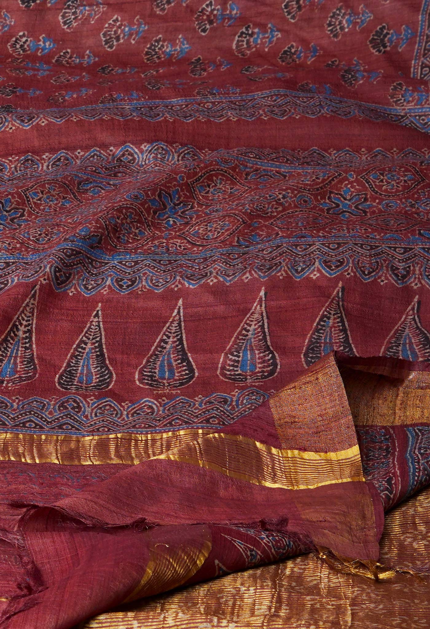 Dark Red Brown Pure Handloom Block Printed  Bengal Tussar Silk Saree-UNM72205