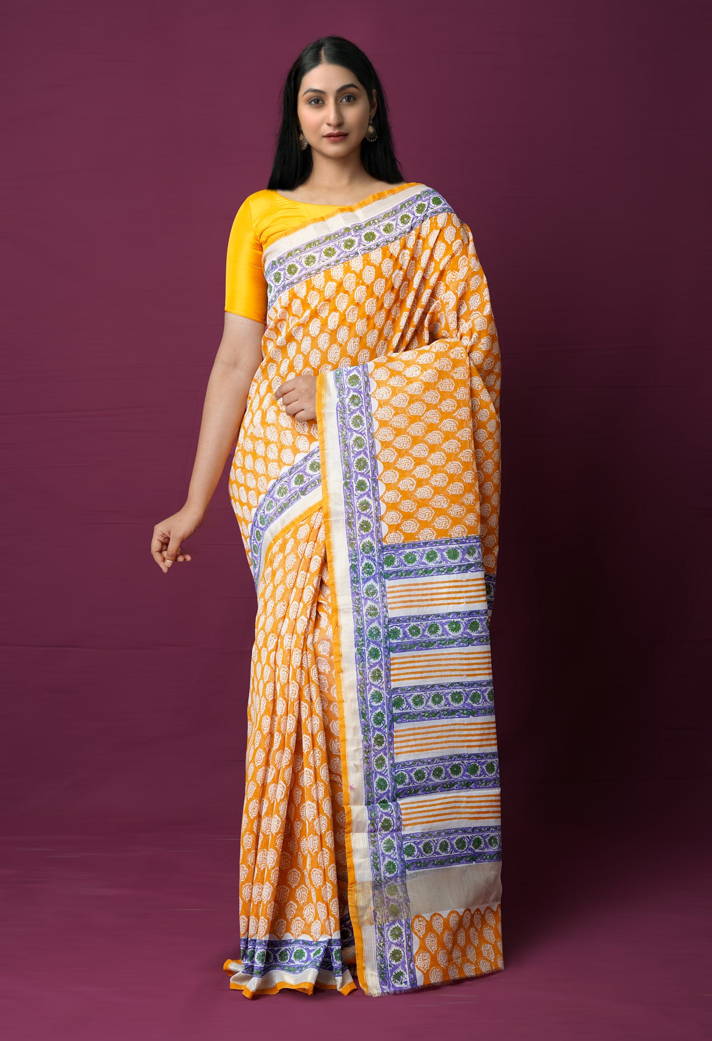 Rust Orange  Dyed Printed Chanderi Sico Saree-UNM72267