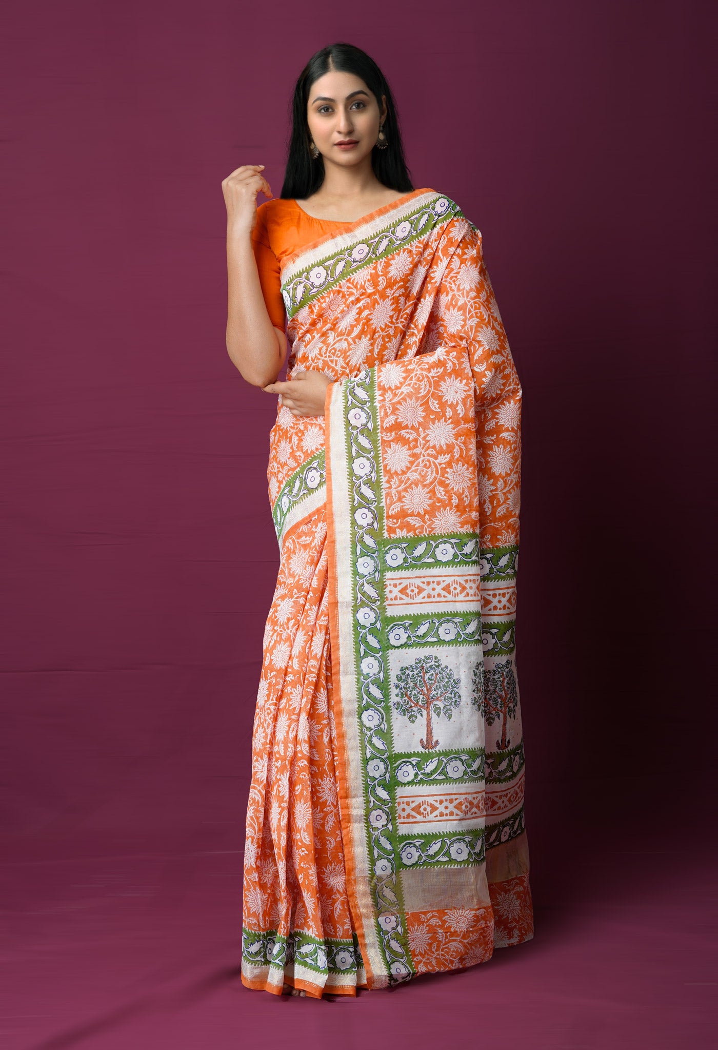 Rust Orange  Dyed Printed Chanderi Sico Saree-UNM72274