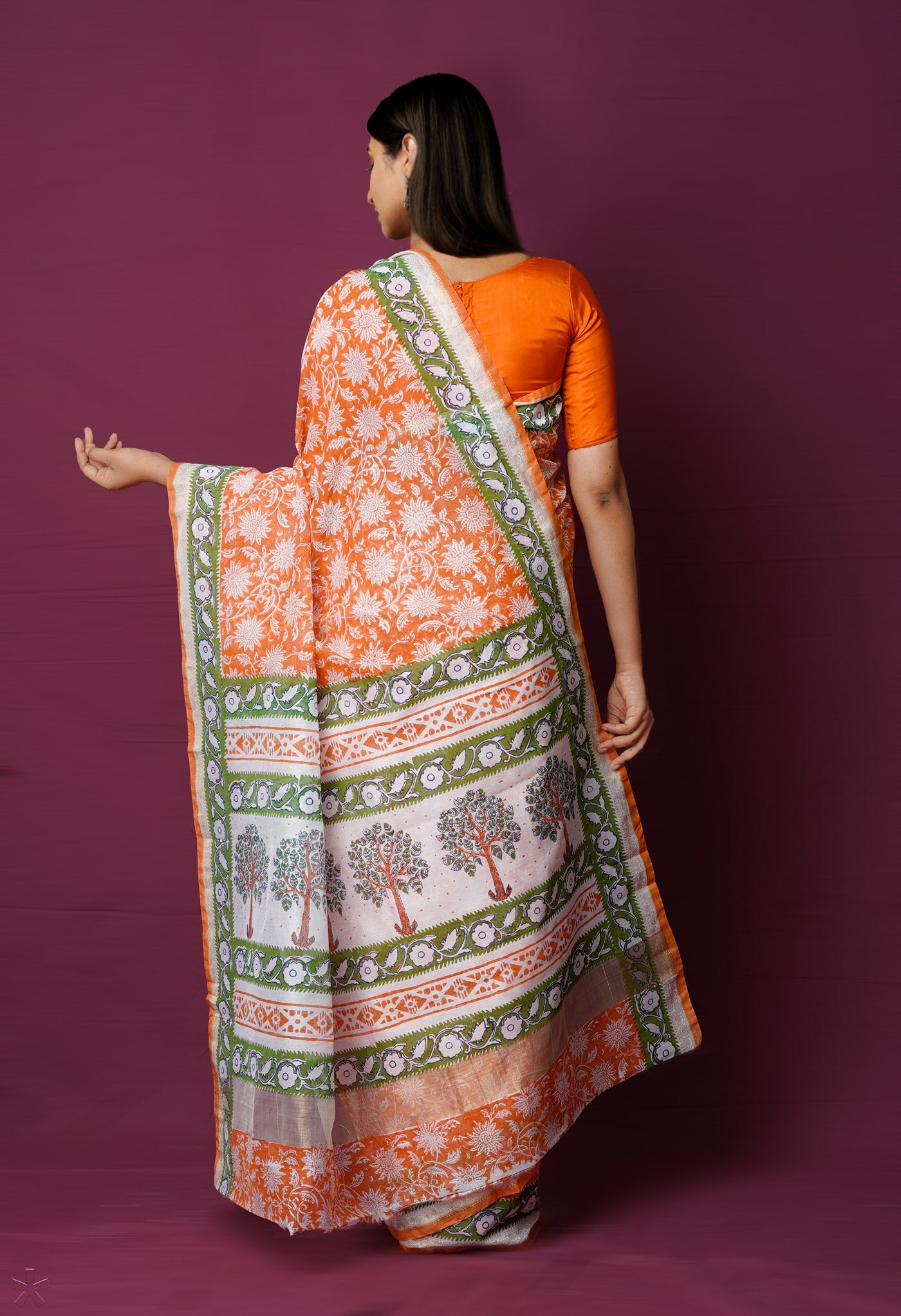 Rust Orange  Dyed Printed Chanderi Sico Saree-UNM72274