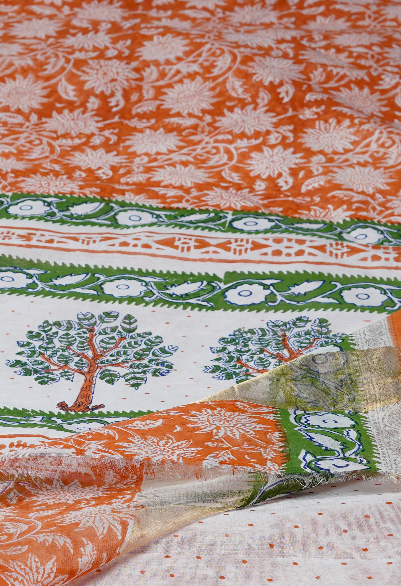 Rust Orange  Dyed Printed Chanderi Sico Saree-UNM72274