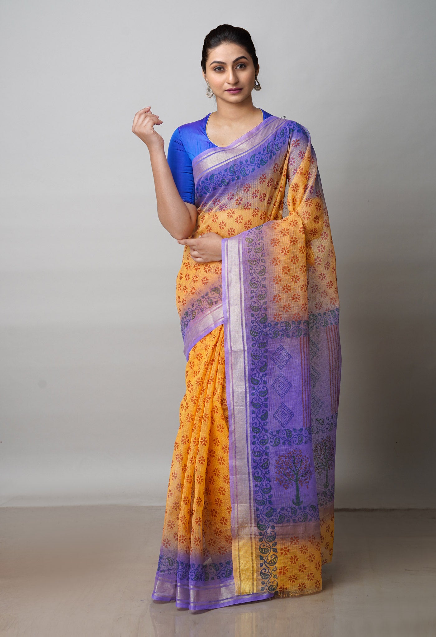 Orange Pure  Block Printed Kota Cotton Saree-UNM72320