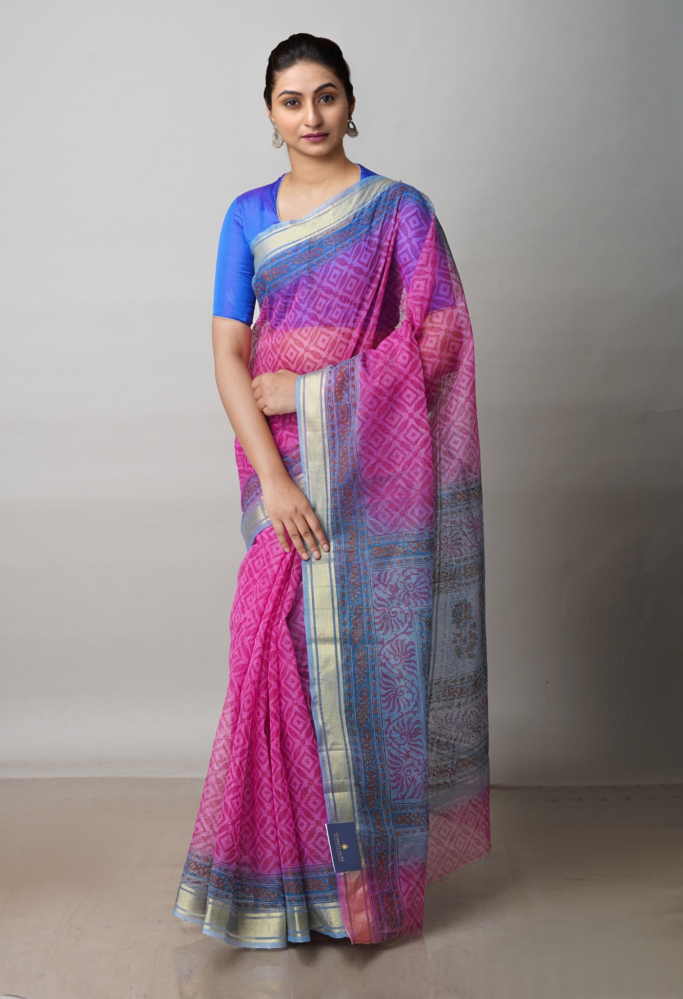 Pink Pure  Block Printed Kota Cotton Saree-UNM72328