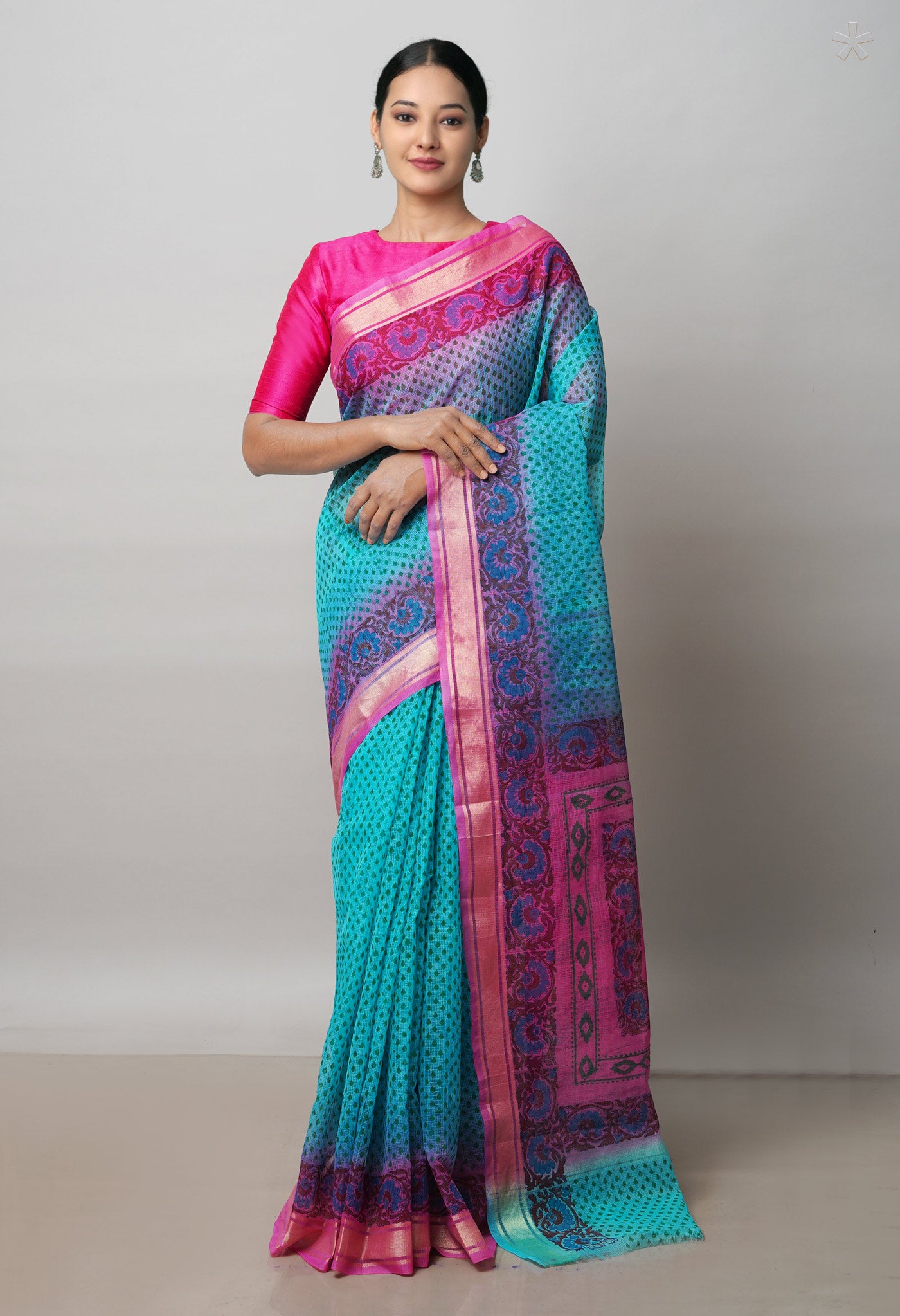 Blue Pure  Block Printed Kota Cotton Saree-UNM72330