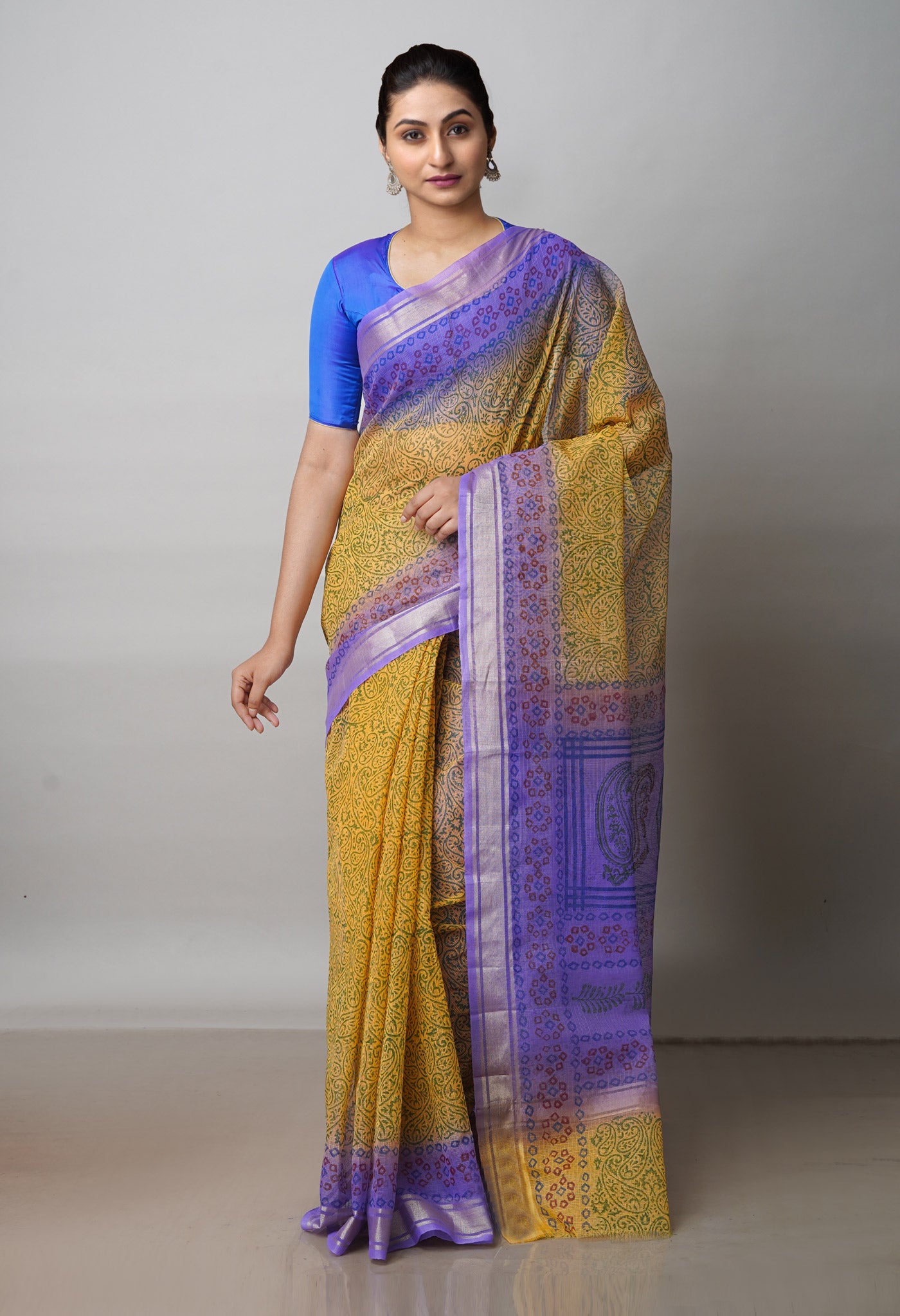 Yellow Pure  Block Printed Kota Cotton Saree-UNM72338