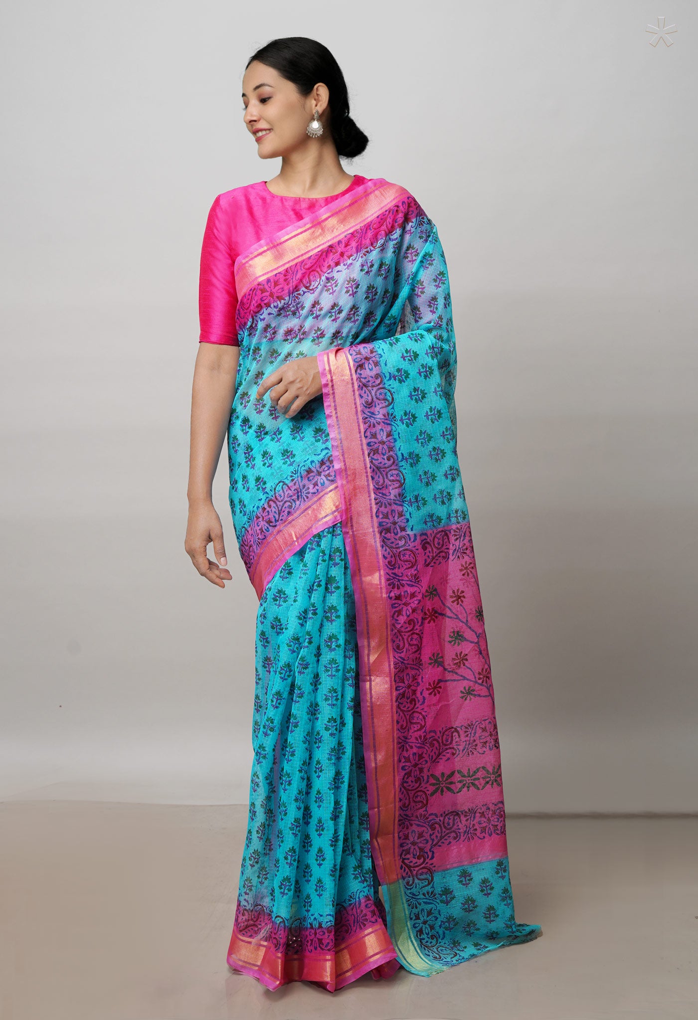 Blue Pure  Block Printed Kota Cotton Saree-UNM72344