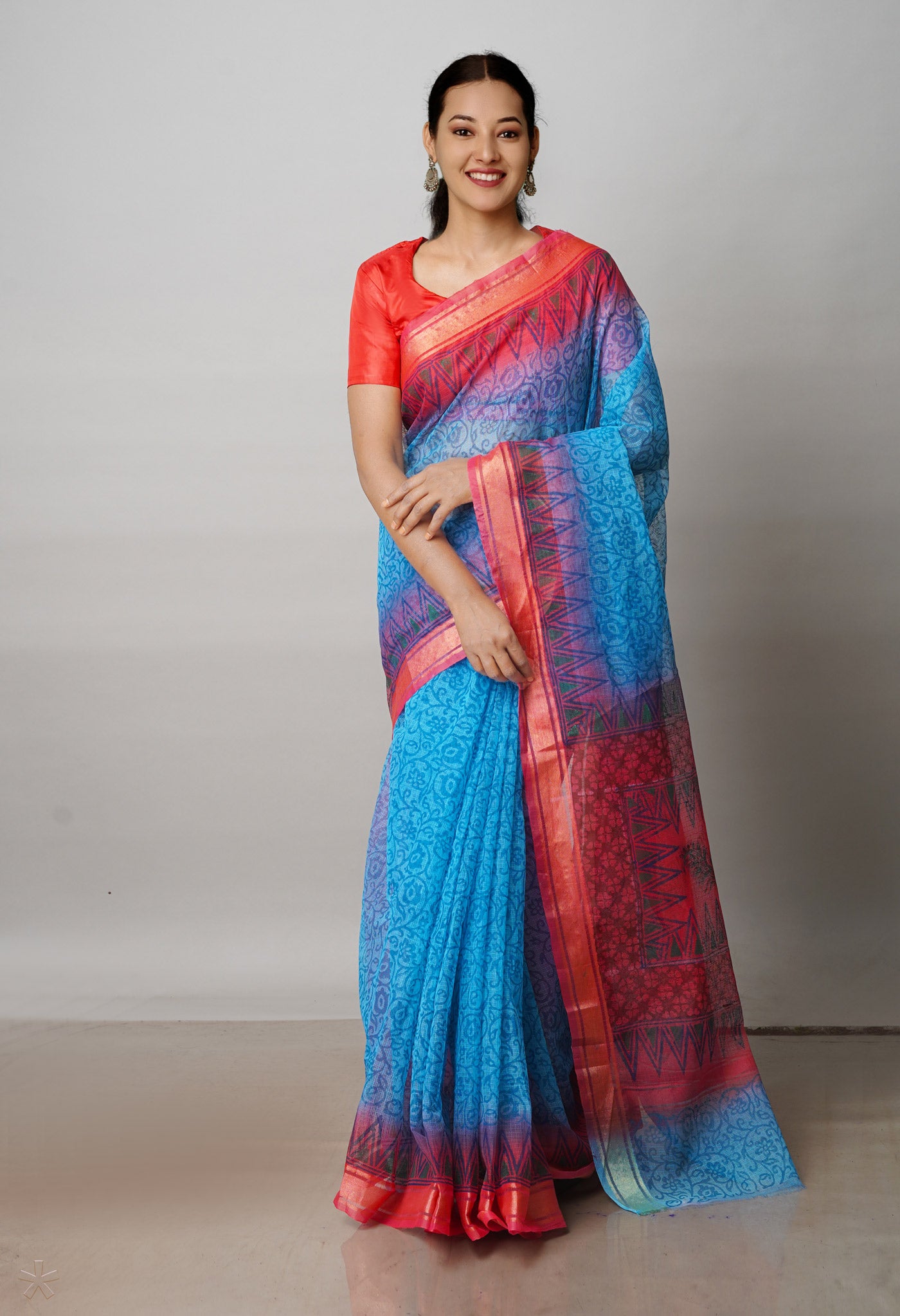 Blue Pure  Block Printed Kota Cotton Saree-UNM72353