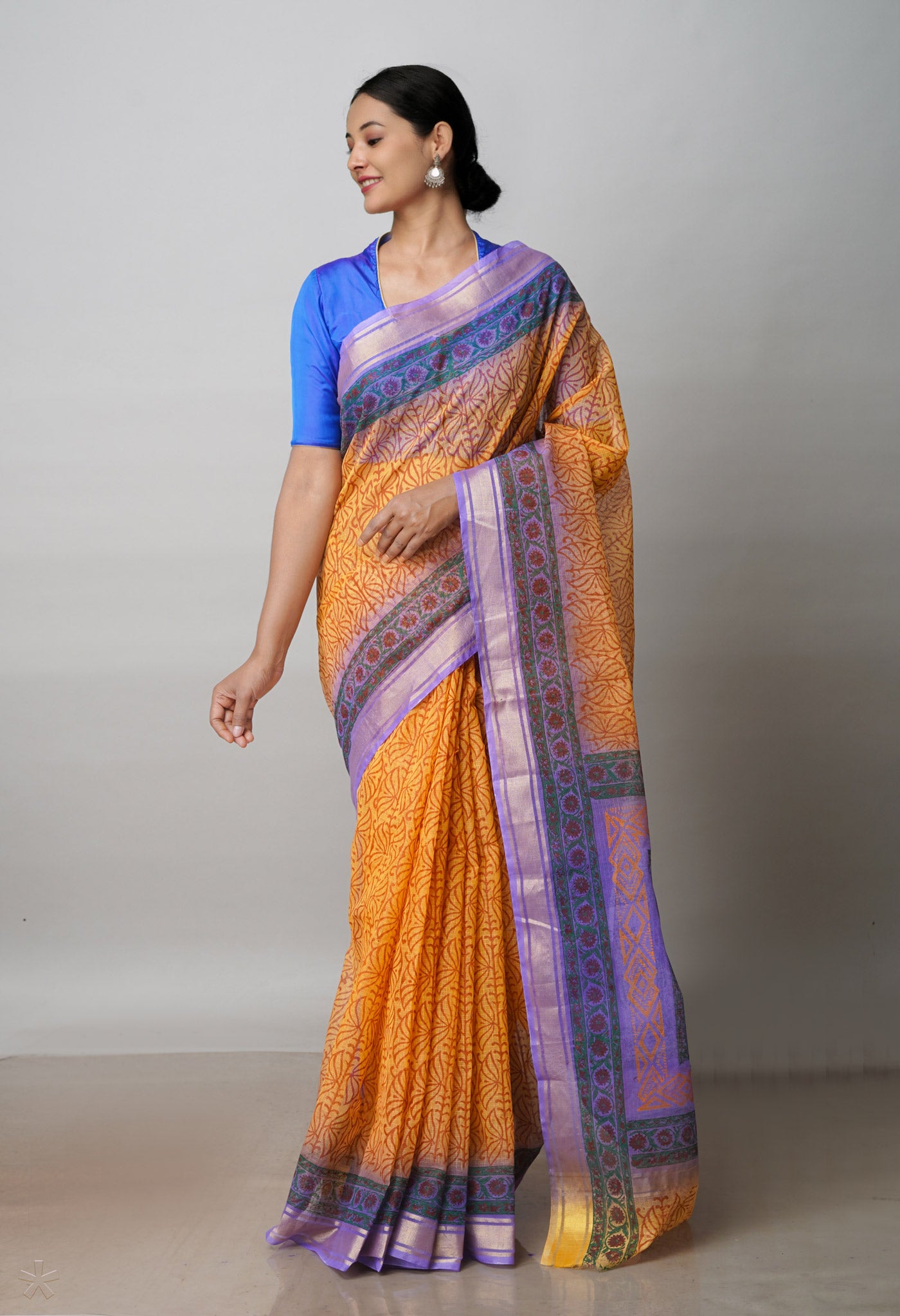 Orange Pure  Block Printed Kota Cotton Saree-UNM72363