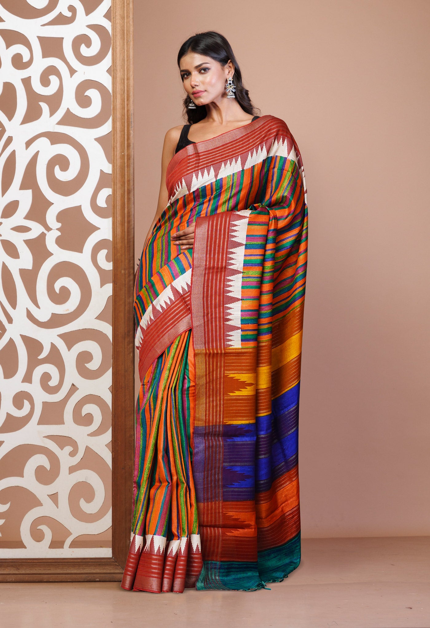 Multi Pure Handloom Printed Vidarbha Tussar Jute Saree-UNM72436