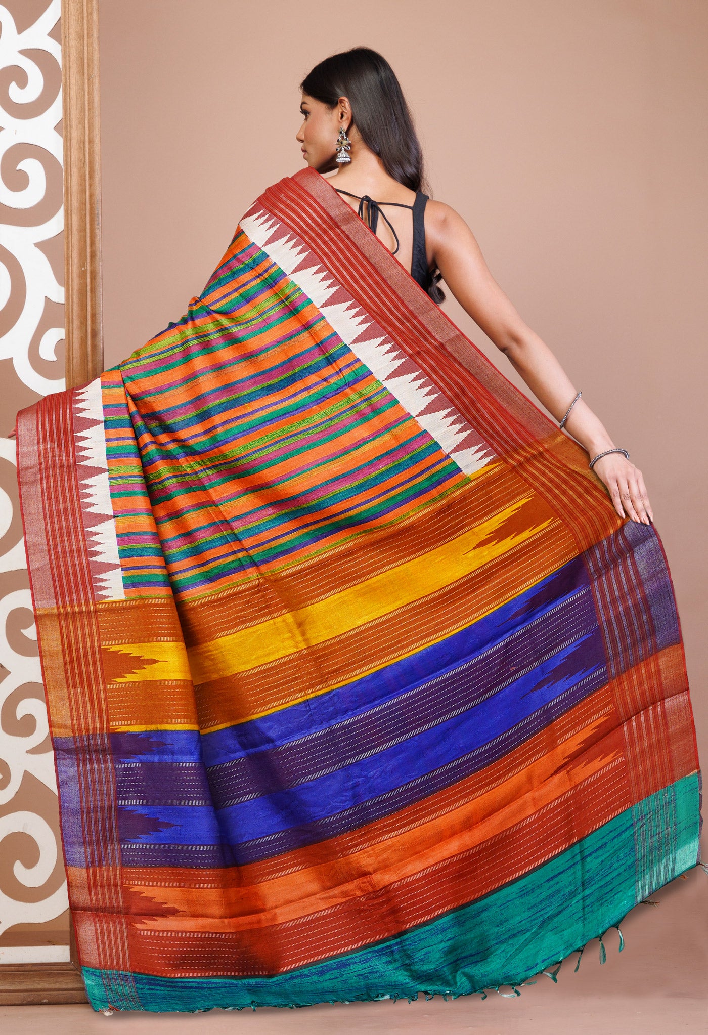 Multi Pure Handloom Printed Vidarbha Tussar Jute Saree-UNM72436