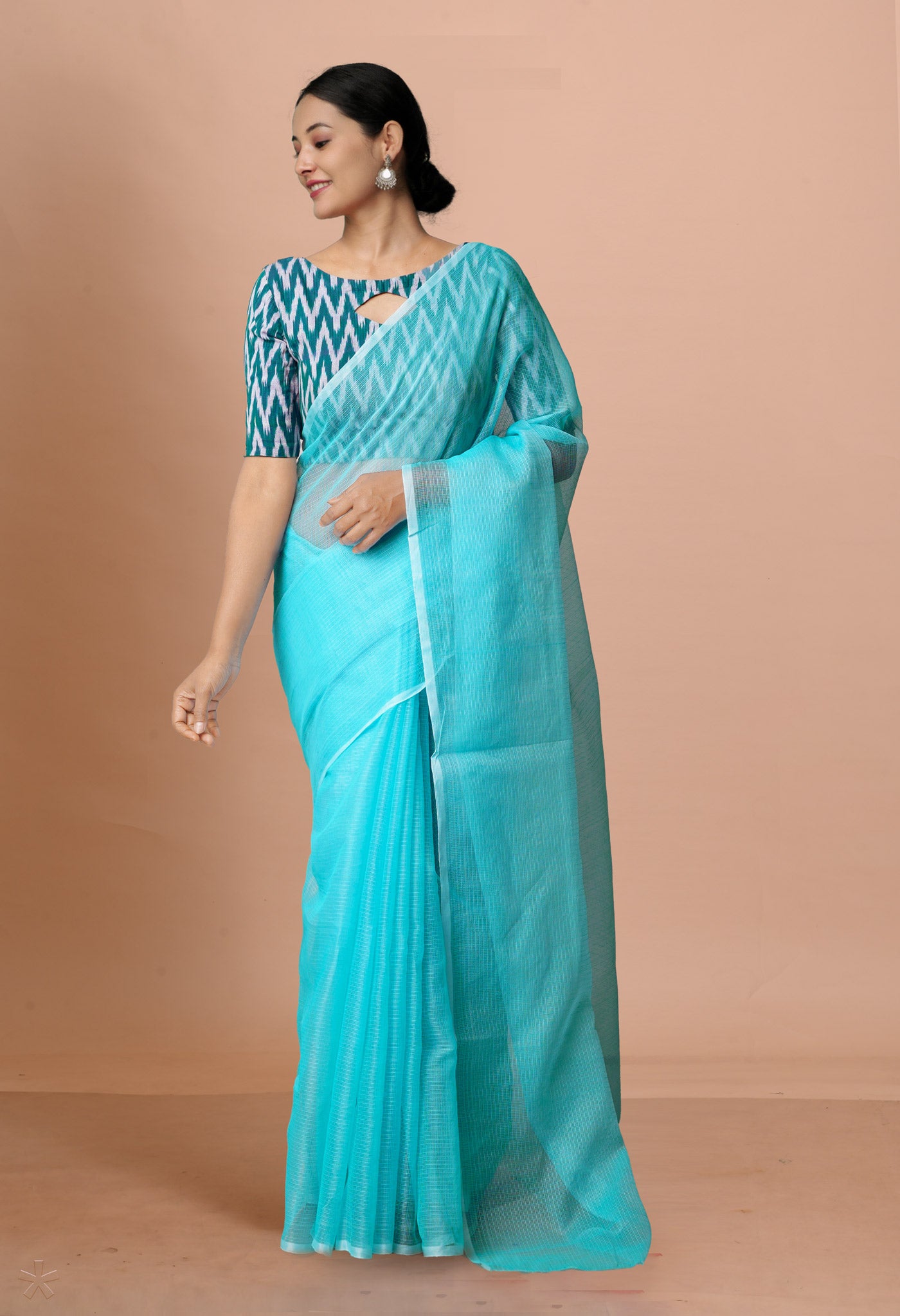 Turquoise Blue Pure  Plain Kota Cotton Saree-UNM72486