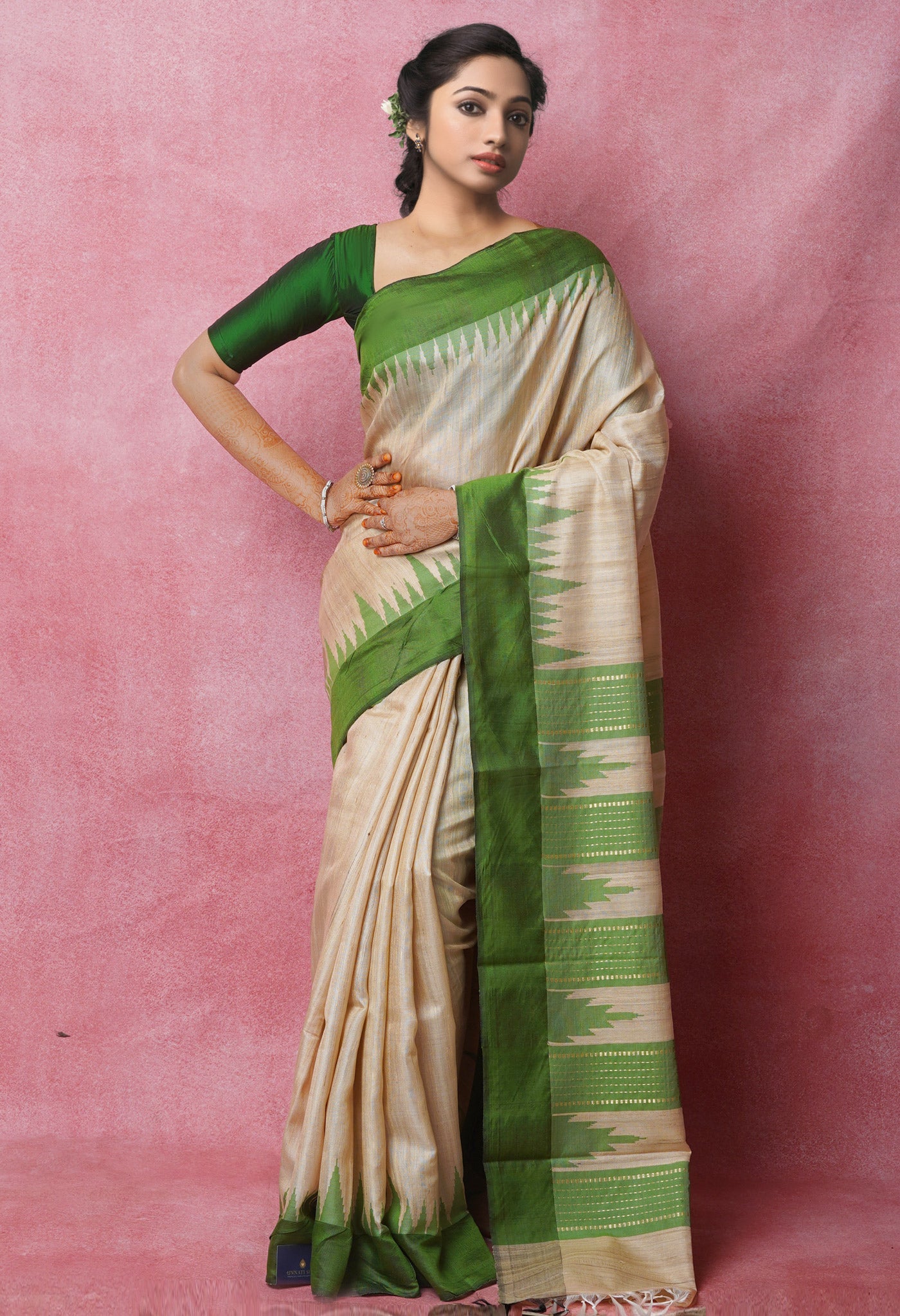 Cream-Forest Green Pure  Bengal Ghicha Tussar Jute Saree-UNM72496