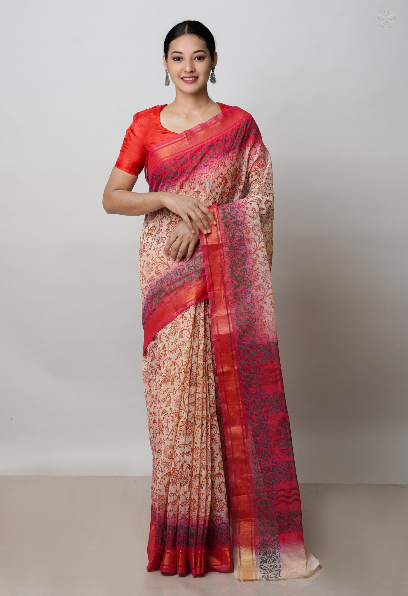 Cream Pure  Dyed Printed Kota Cotton Saree-UNM72553