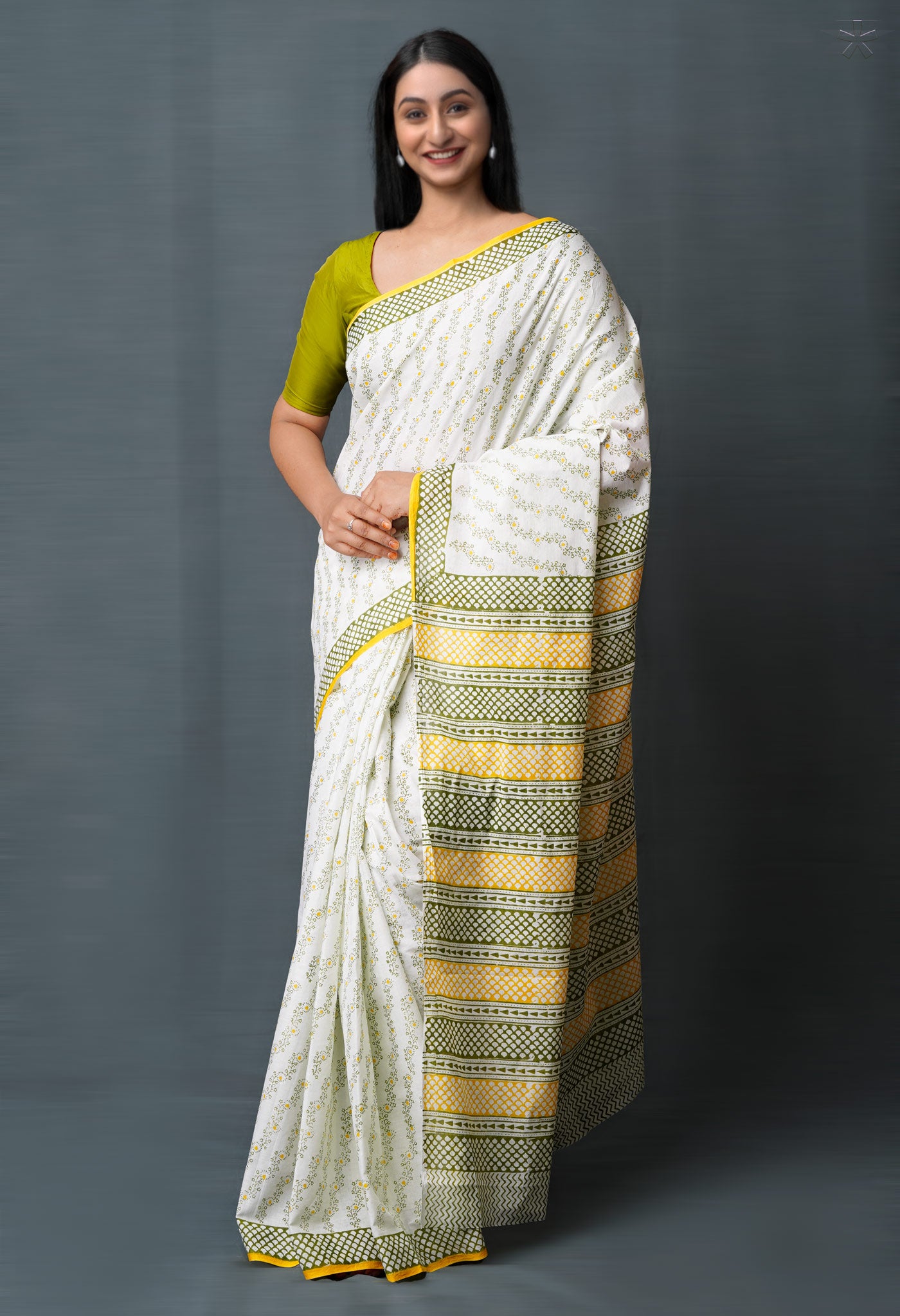 White Pure  Block Printed Superfine Mulmul  Cotton Saree-UNM72570