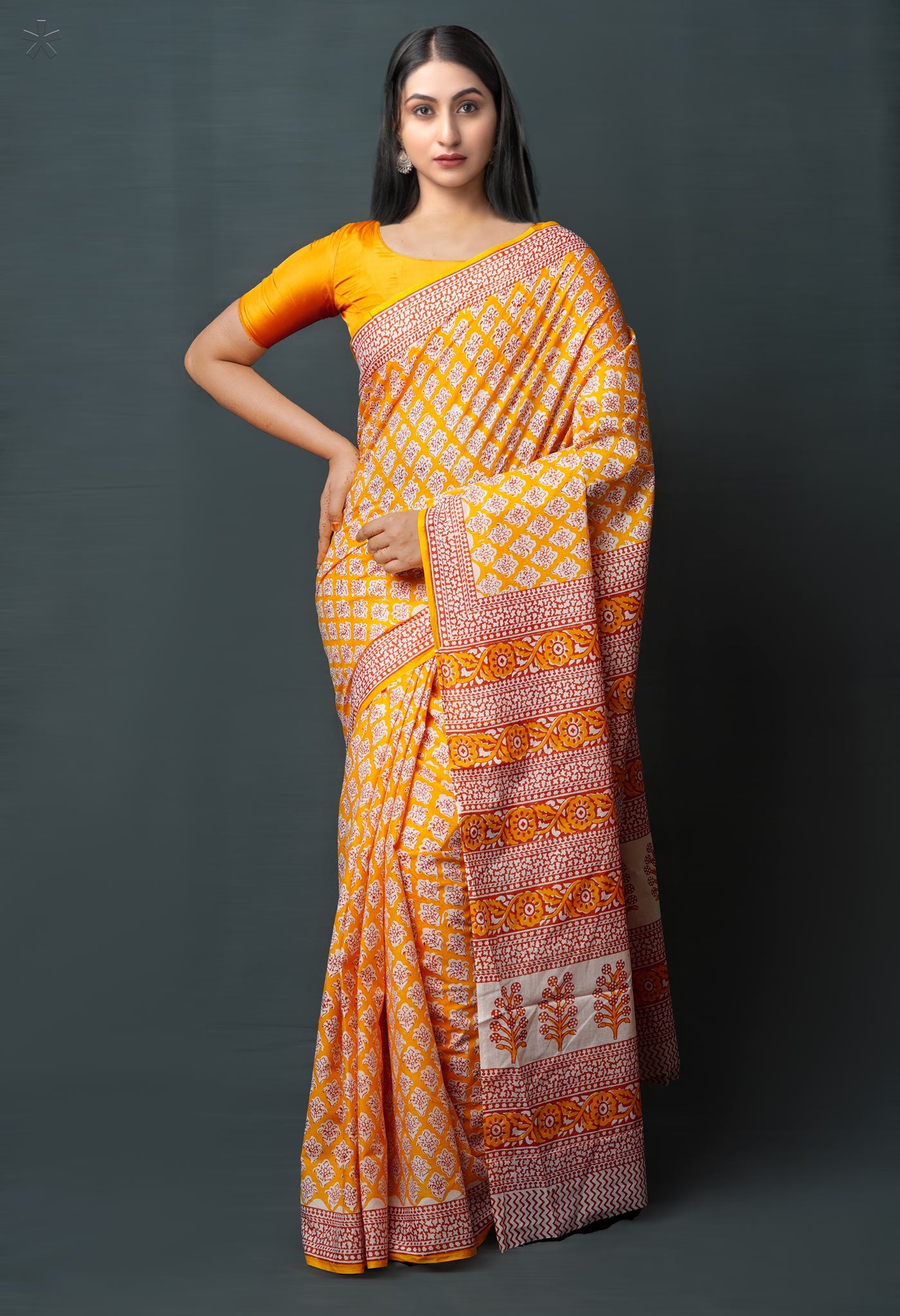 Yellow Pure  Block Printed Superfine Mulmul  Cotton Saree-UNM72573