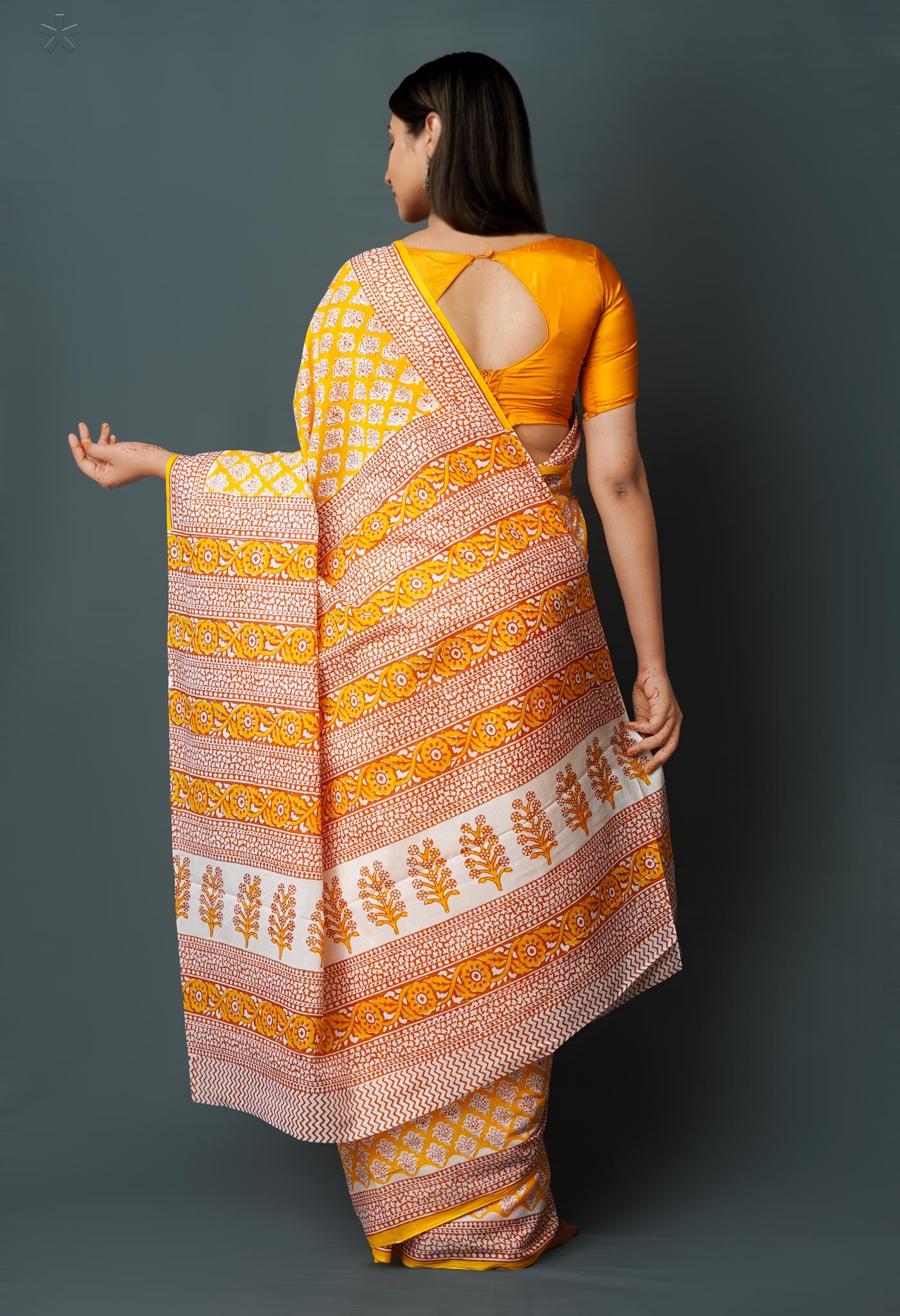 Yellow Pure  Block Printed Superfine Mulmul  Cotton Saree-UNM72573