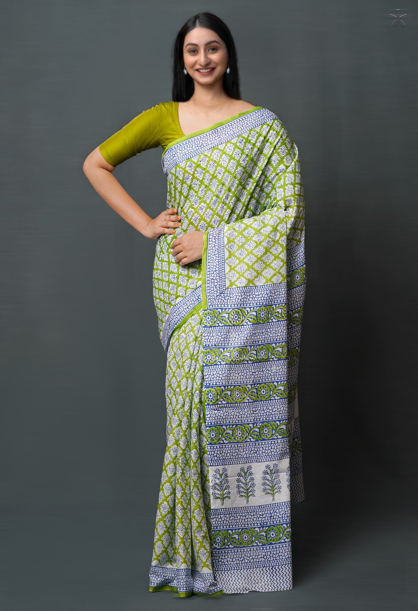 Green Pure  Block Printed Superfine Mulmul  Cotton Saree-UNM72574