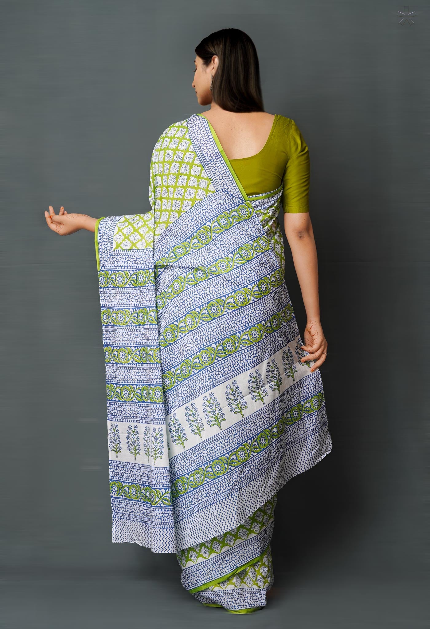 Green Pure  Block Printed Superfine Mulmul  Cotton Saree-UNM72574