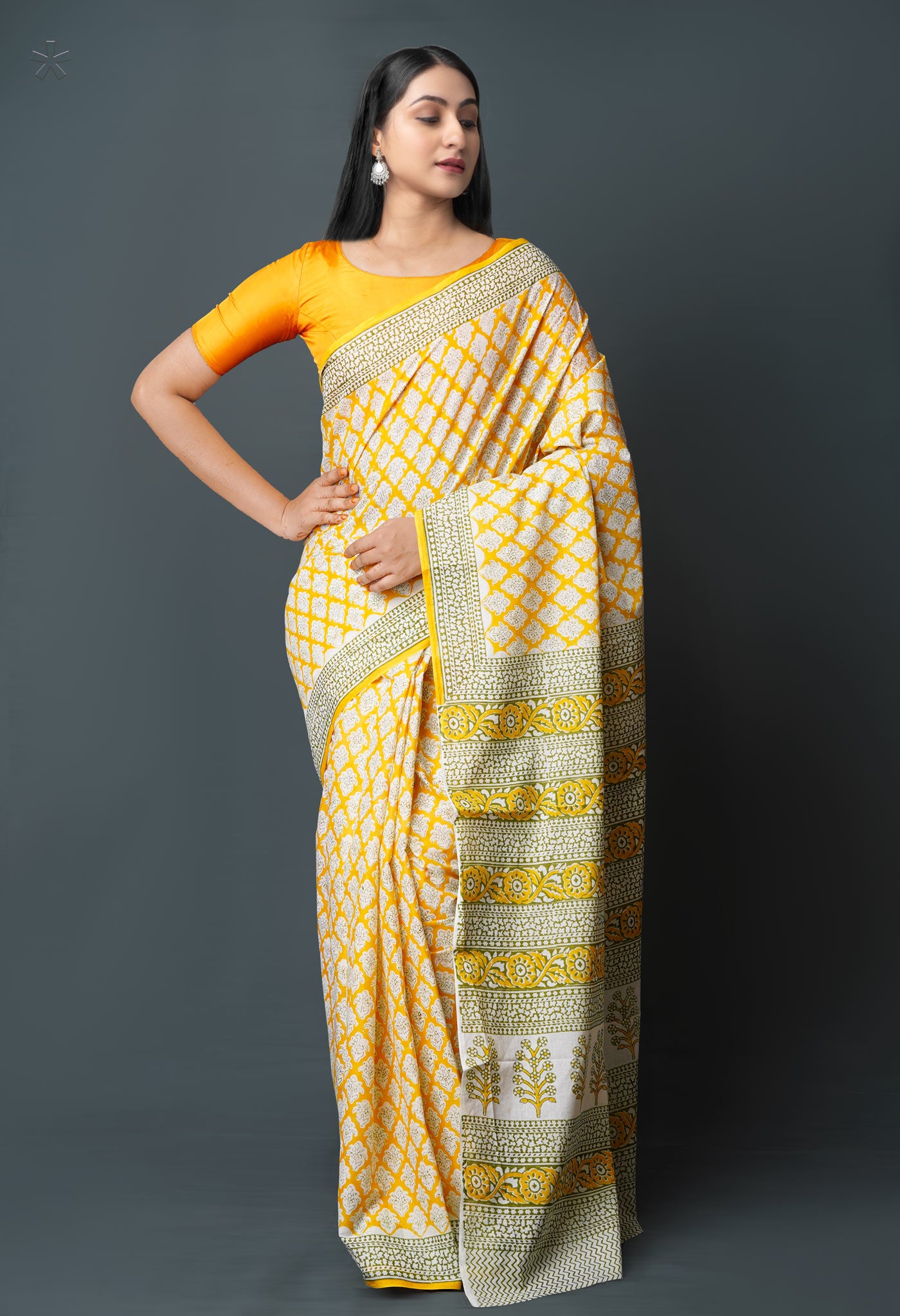 Yellow Pure  Block Printed Superfine Mulmul  Cotton Saree-UNM72576