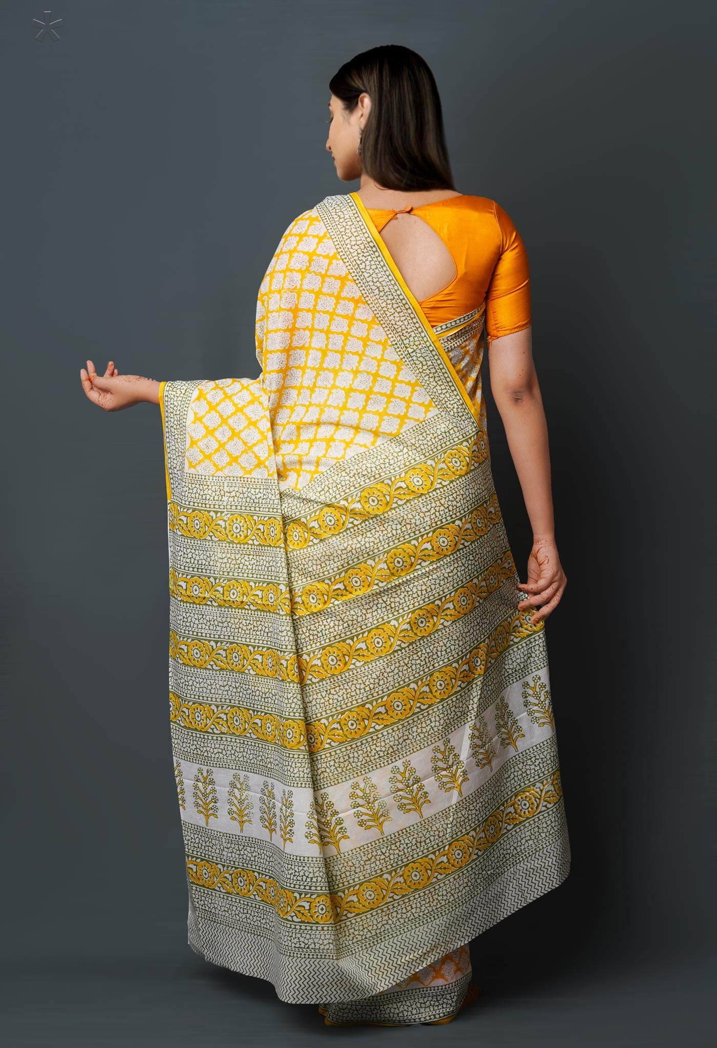 Yellow Pure  Block Printed Superfine Mulmul  Cotton Saree-UNM72576