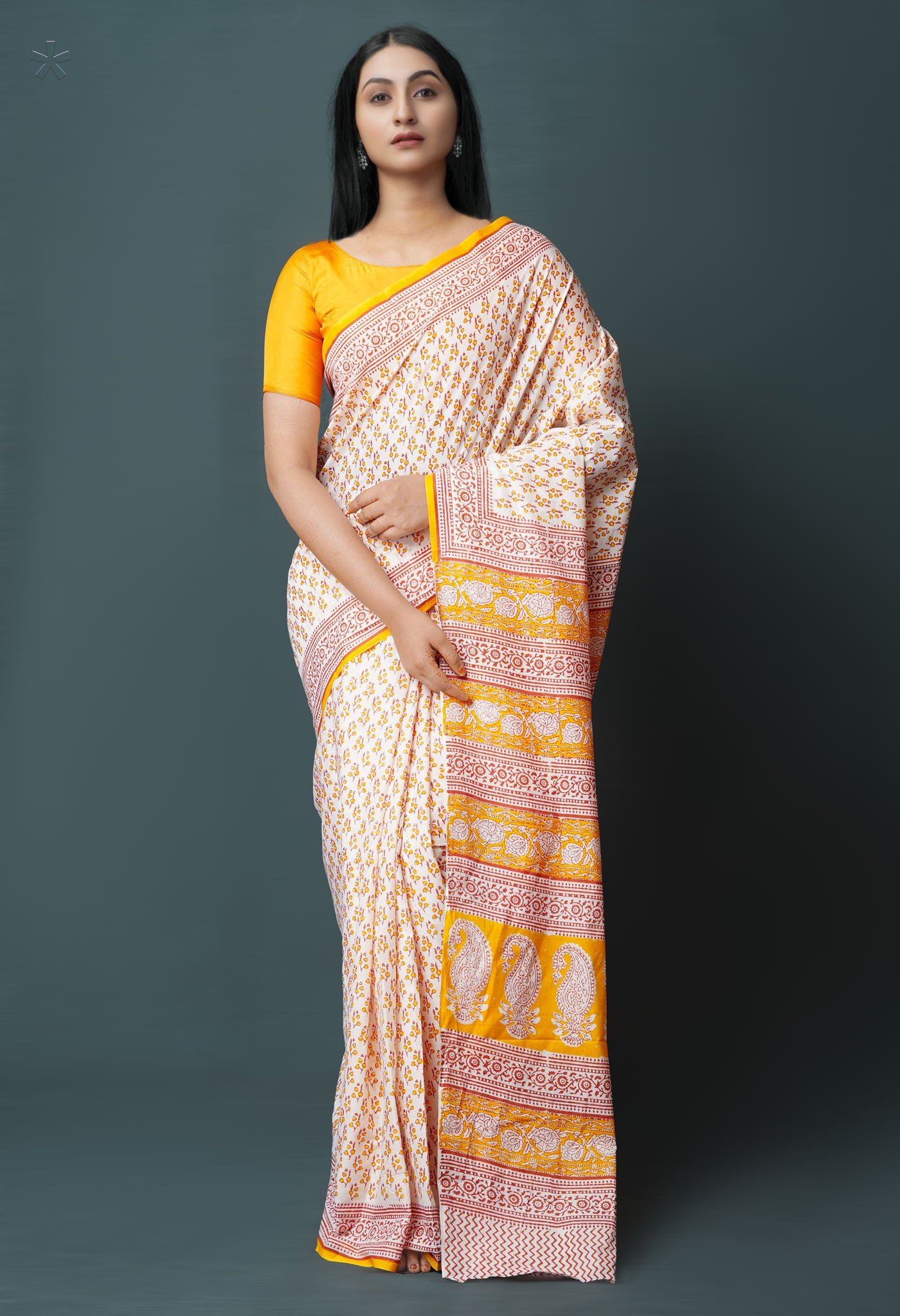 White Pure  Block Printed Superfine Mulmul  Cotton Saree-UNM72578