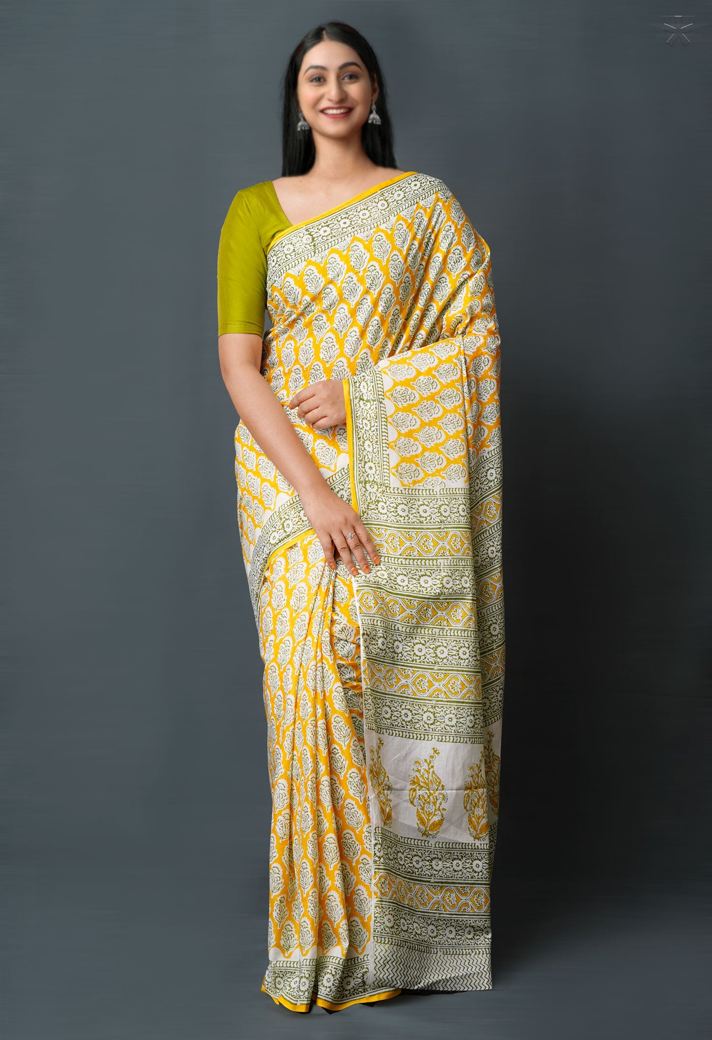 Yellow Pure  Block Printed Superfine Mulmul  Cotton Saree-UNM72586