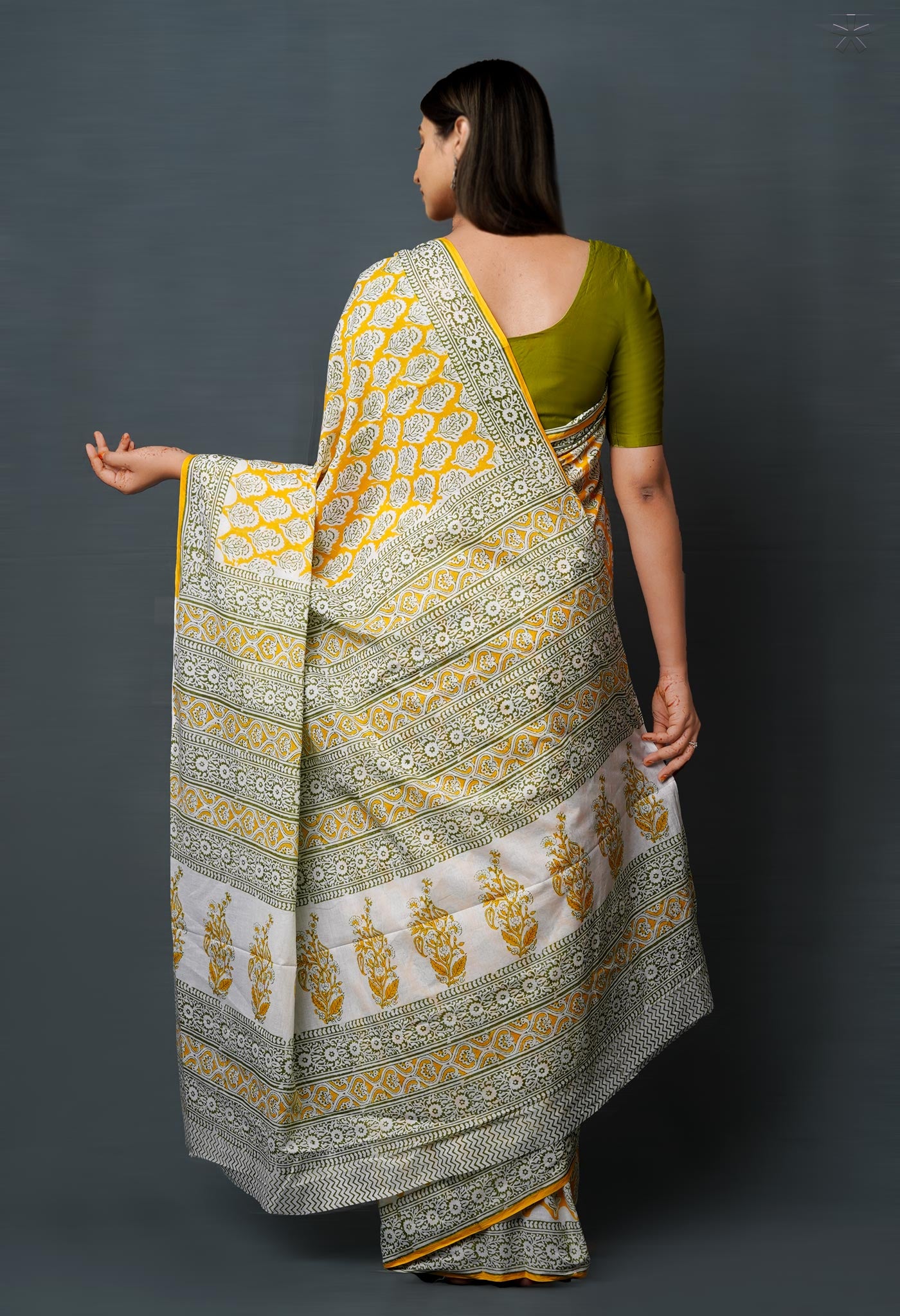 Yellow Pure  Block Printed Superfine Mulmul  Cotton Saree-UNM72586