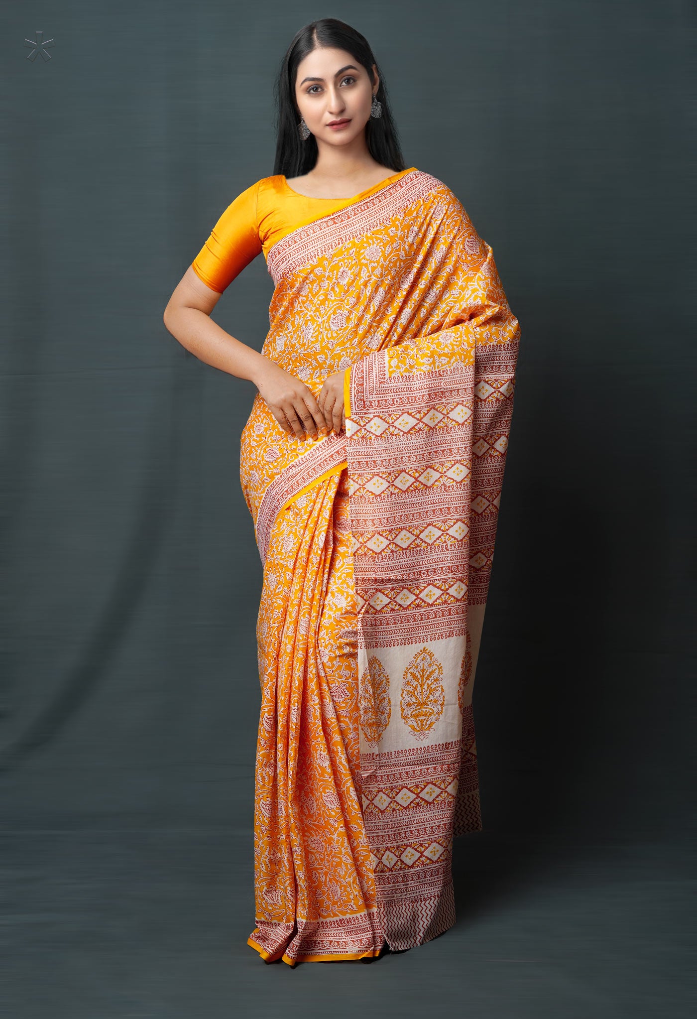 Yellow Pure  Block Printed Superfine Mulmul  Cotton Saree-UNM72588