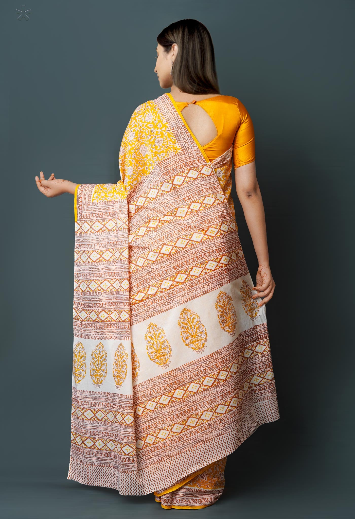 Yellow Pure  Block Printed Superfine Mulmul  Cotton Saree-UNM72588