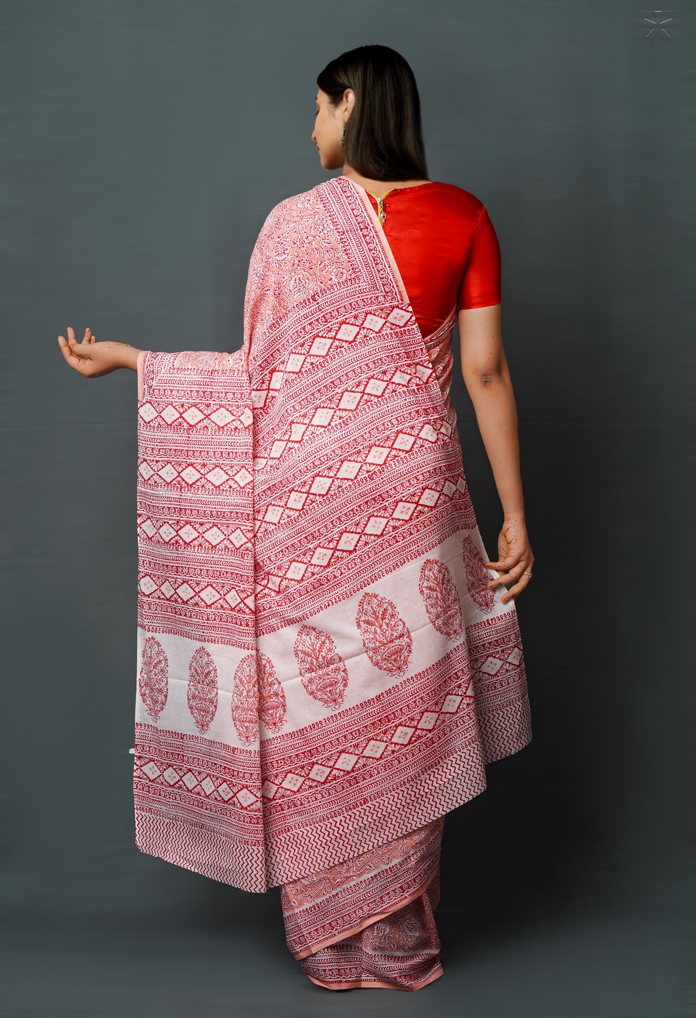 Peach Pink Pure  Block Printed Superfine Mulmul  Cotton Saree-UNM72592