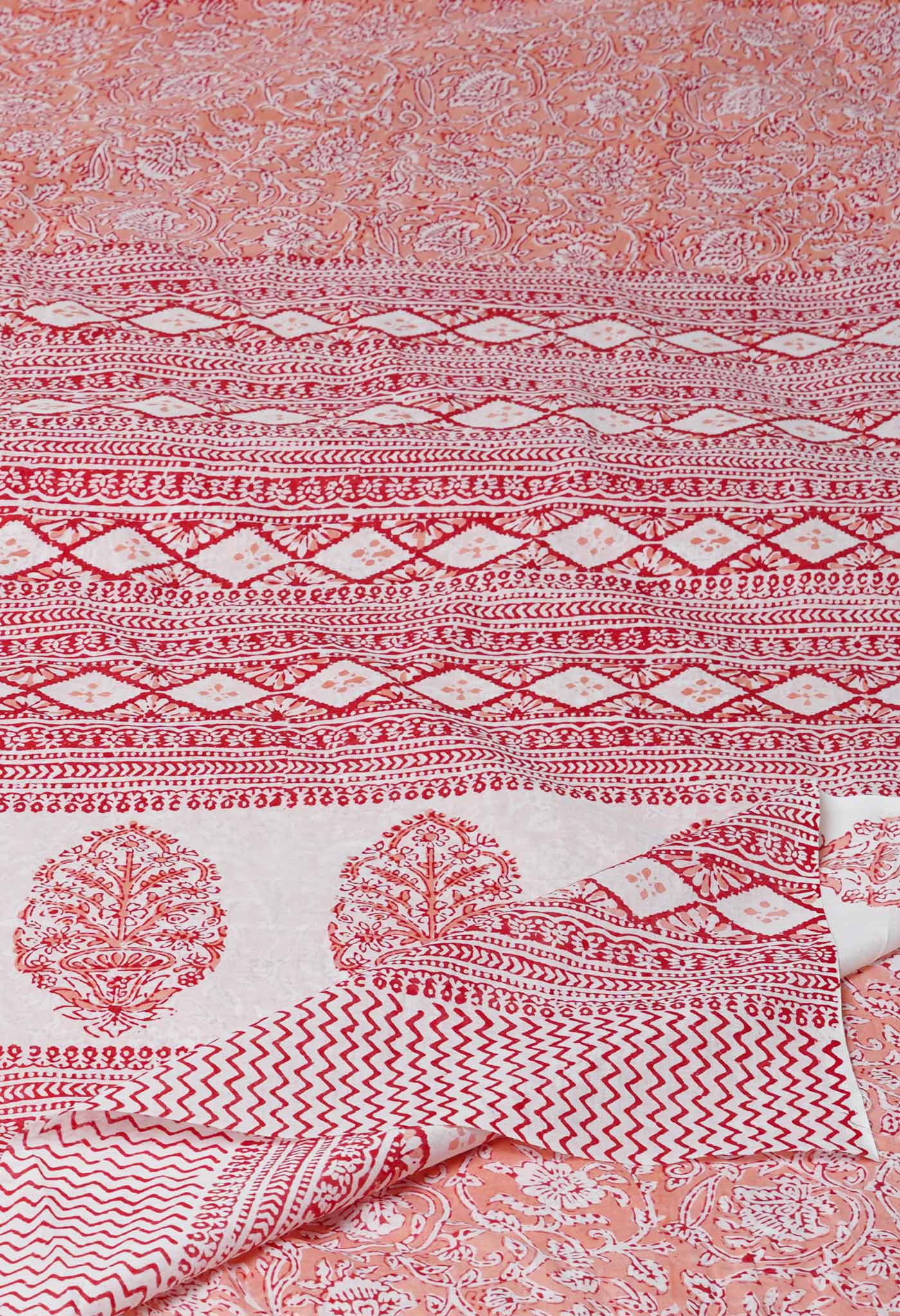 Peach Pink Pure  Block Printed Superfine Mulmul  Cotton Saree-UNM72592