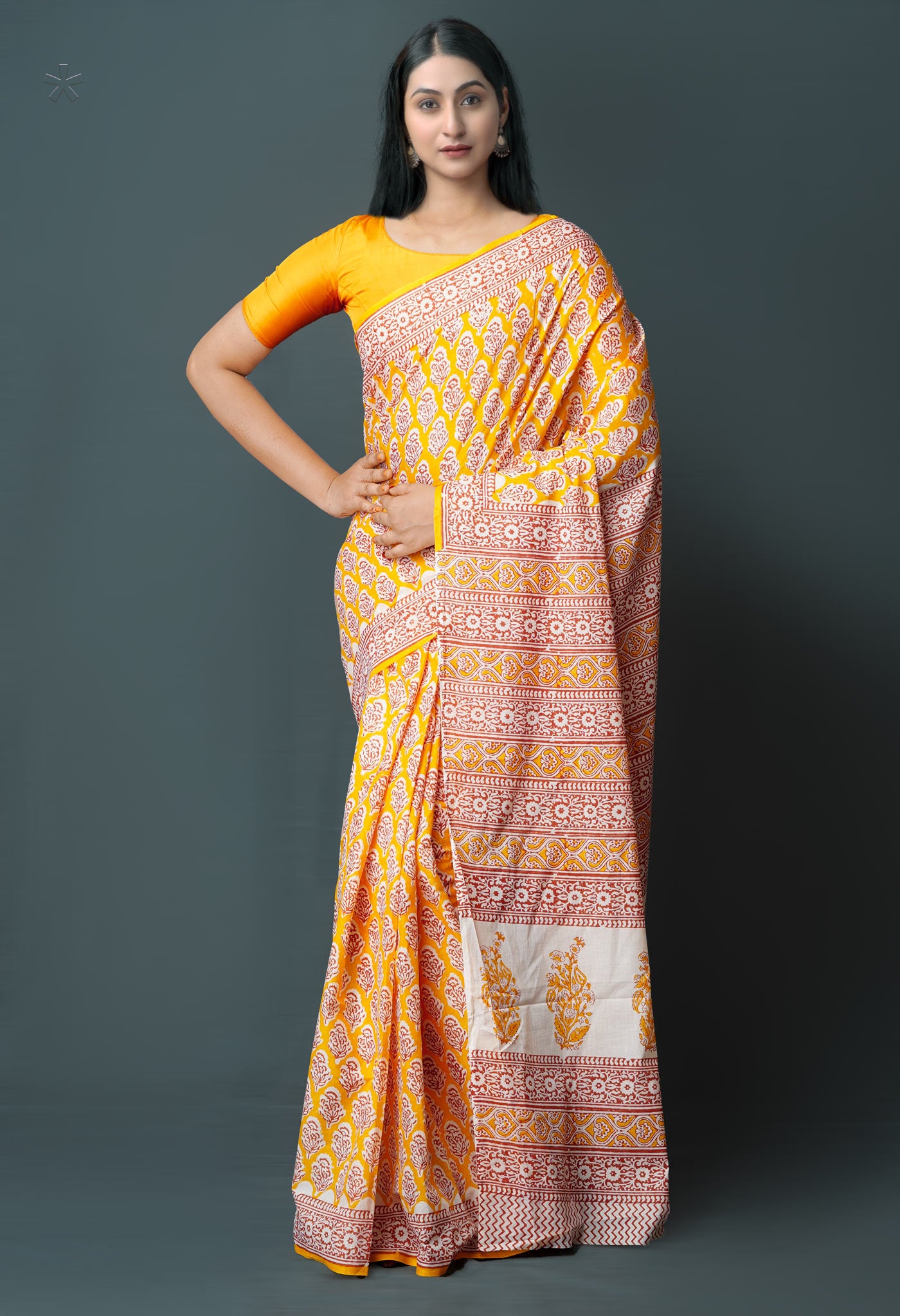 Yellow Pure  Block Printed Superfine Mulmul  Cotton Saree-UNM72594