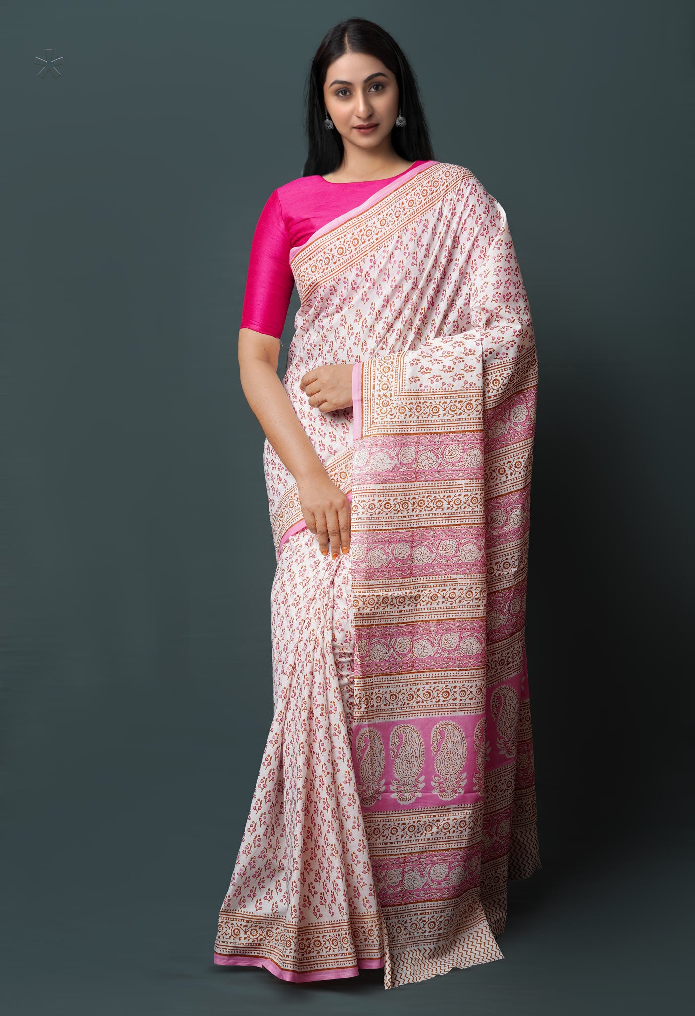 White Pure  Block Printed Superfine Mulmul  Cotton Saree-UNM72595