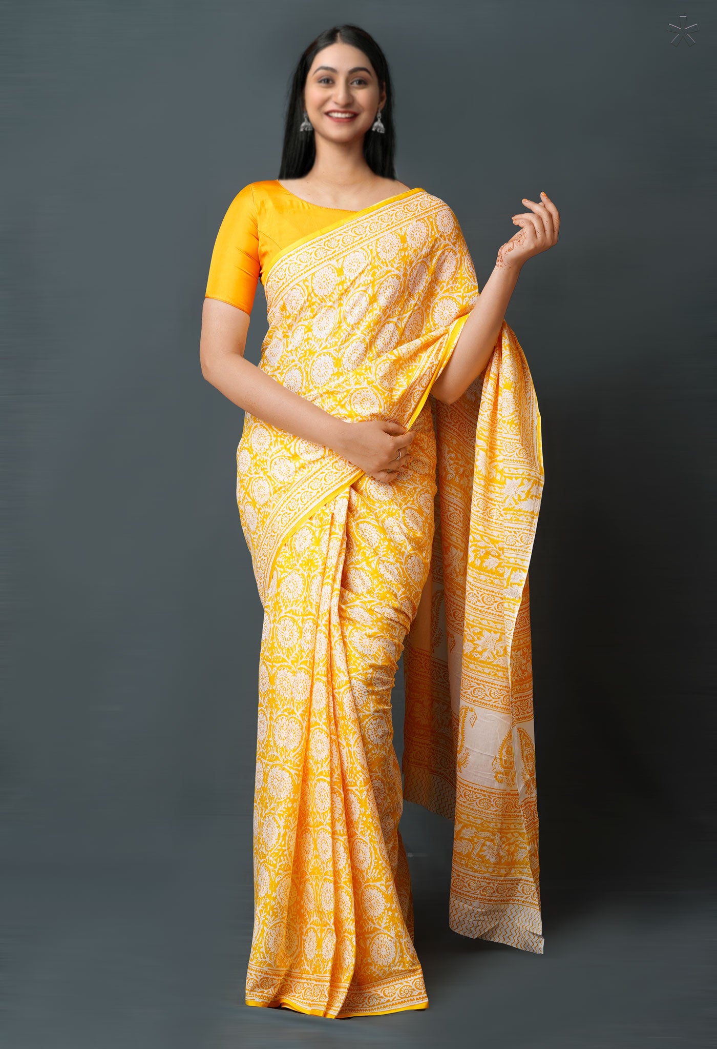 Yellow Pure  Block Printed Superfine Mulmul  Cotton Saree-UNM72601