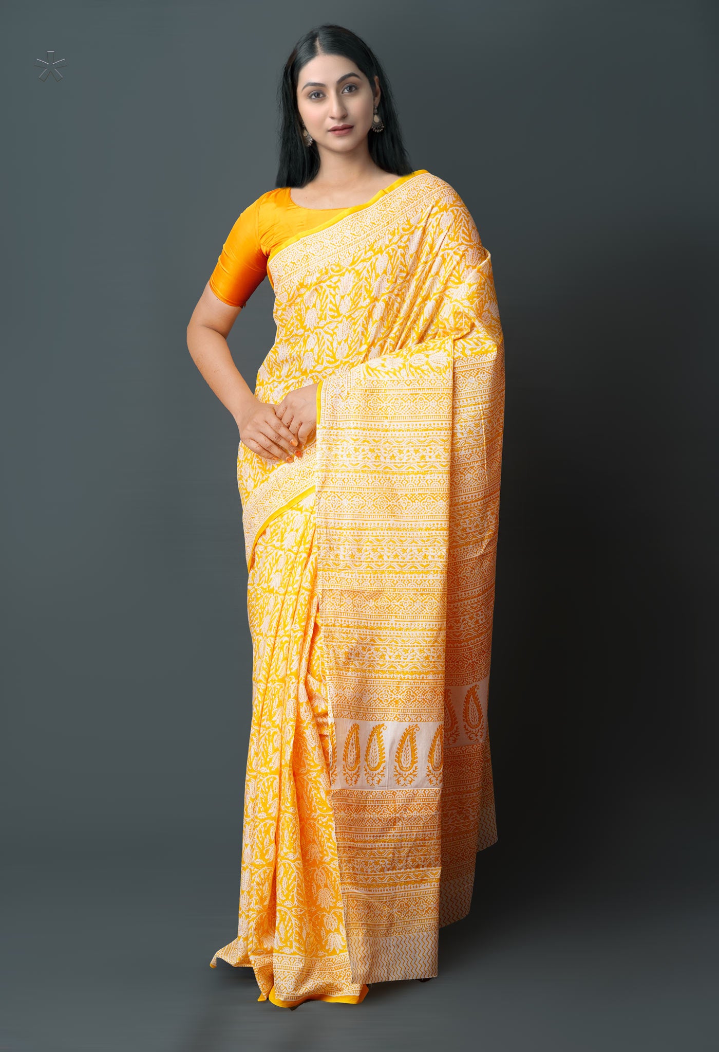 Yellow Pure  Block Printed Superfine Mulmul  Cotton Saree-UNM72605