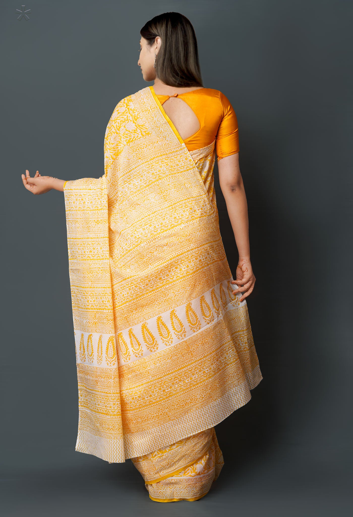 Yellow Pure  Block Printed Superfine Mulmul  Cotton Saree-UNM72605