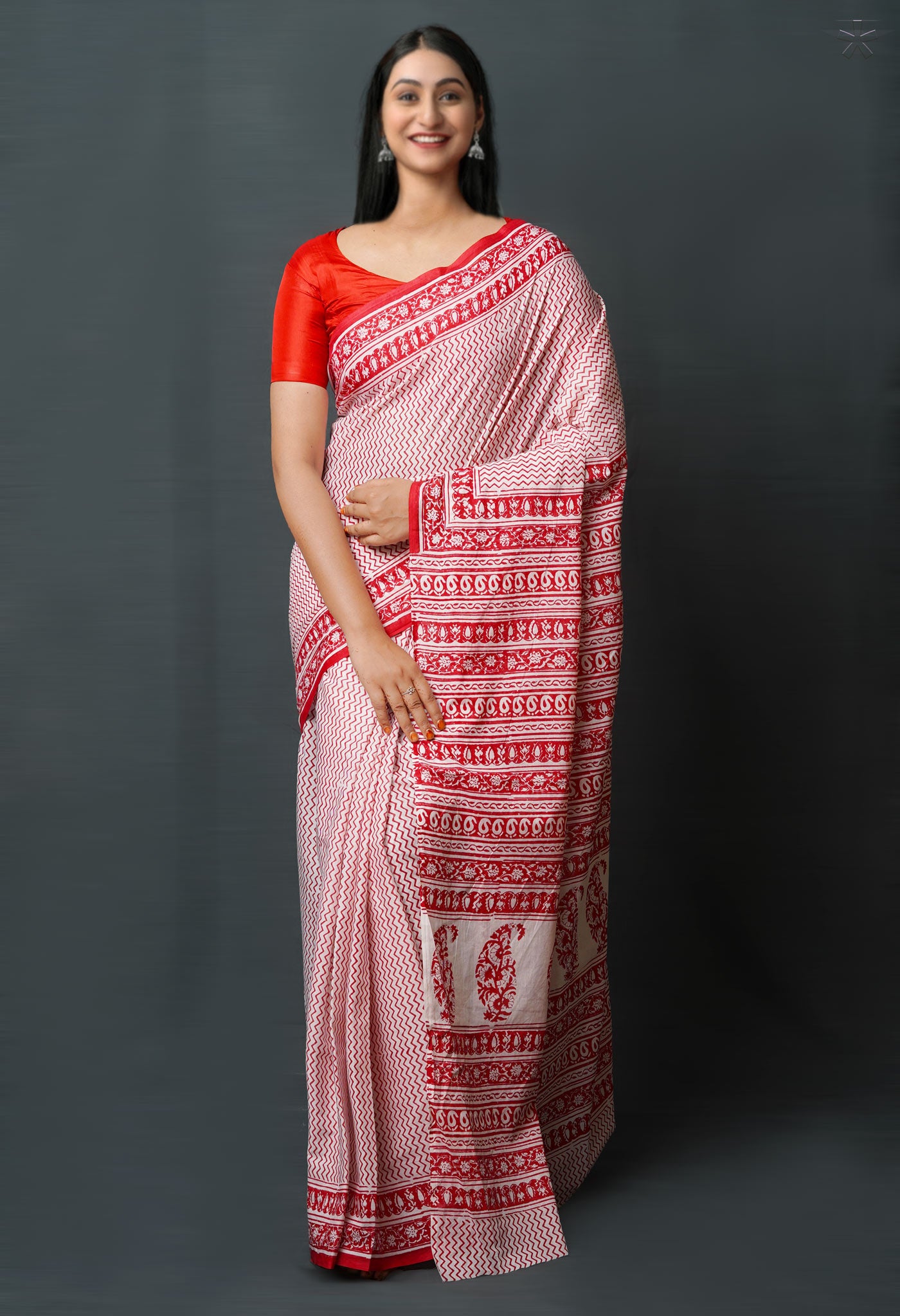 White-Red Pure  Block Printed Superfine Mulmul  Cotton Saree-UNM72606