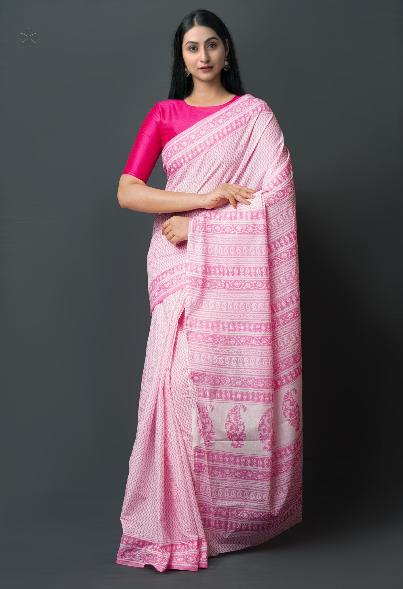 White-Pink Pure  Block Printed Superfine Mulmul  Cotton Saree-UNM72608