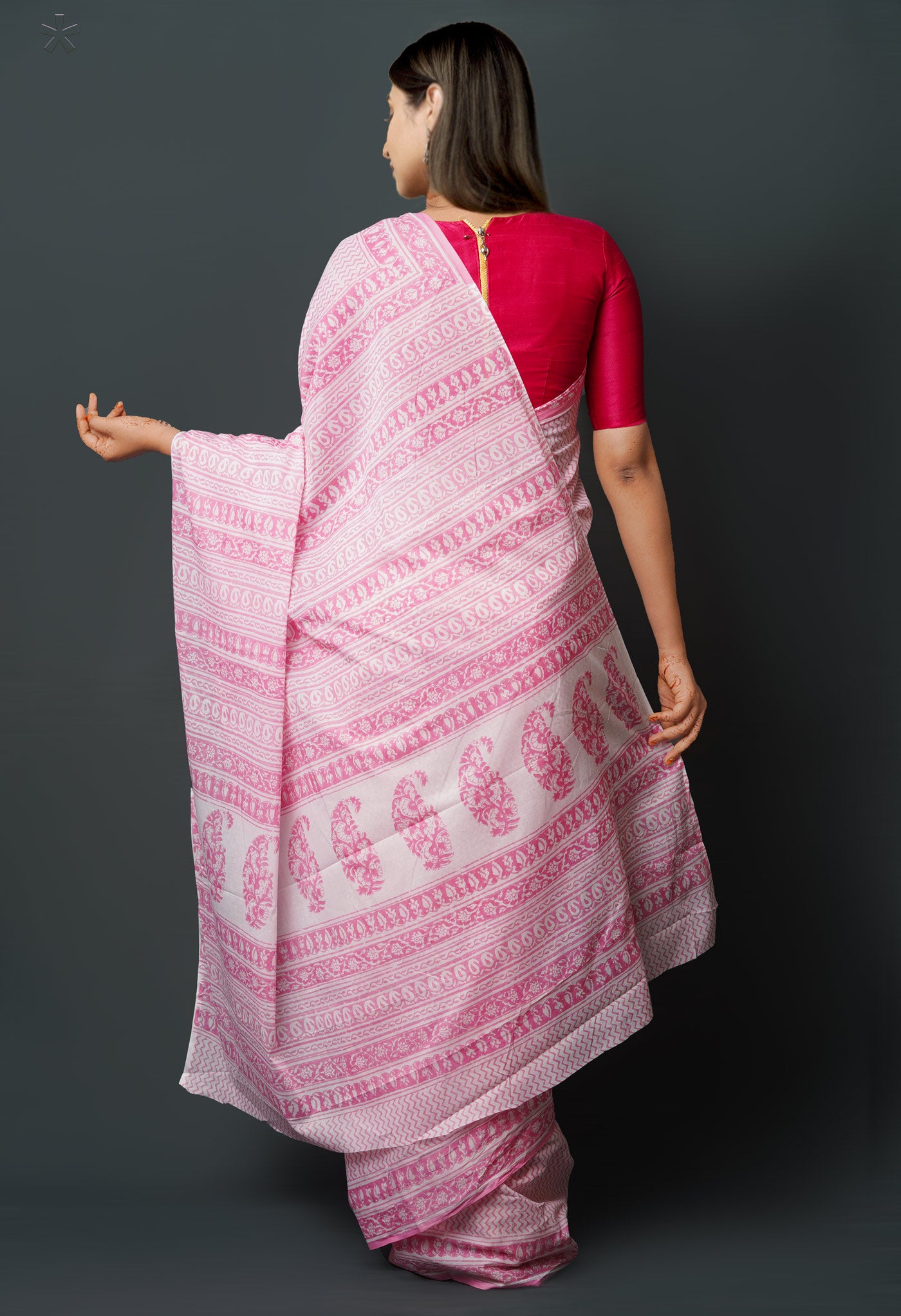 White-Pink Pure  Block Printed Superfine Mulmul  Cotton Saree-UNM72608