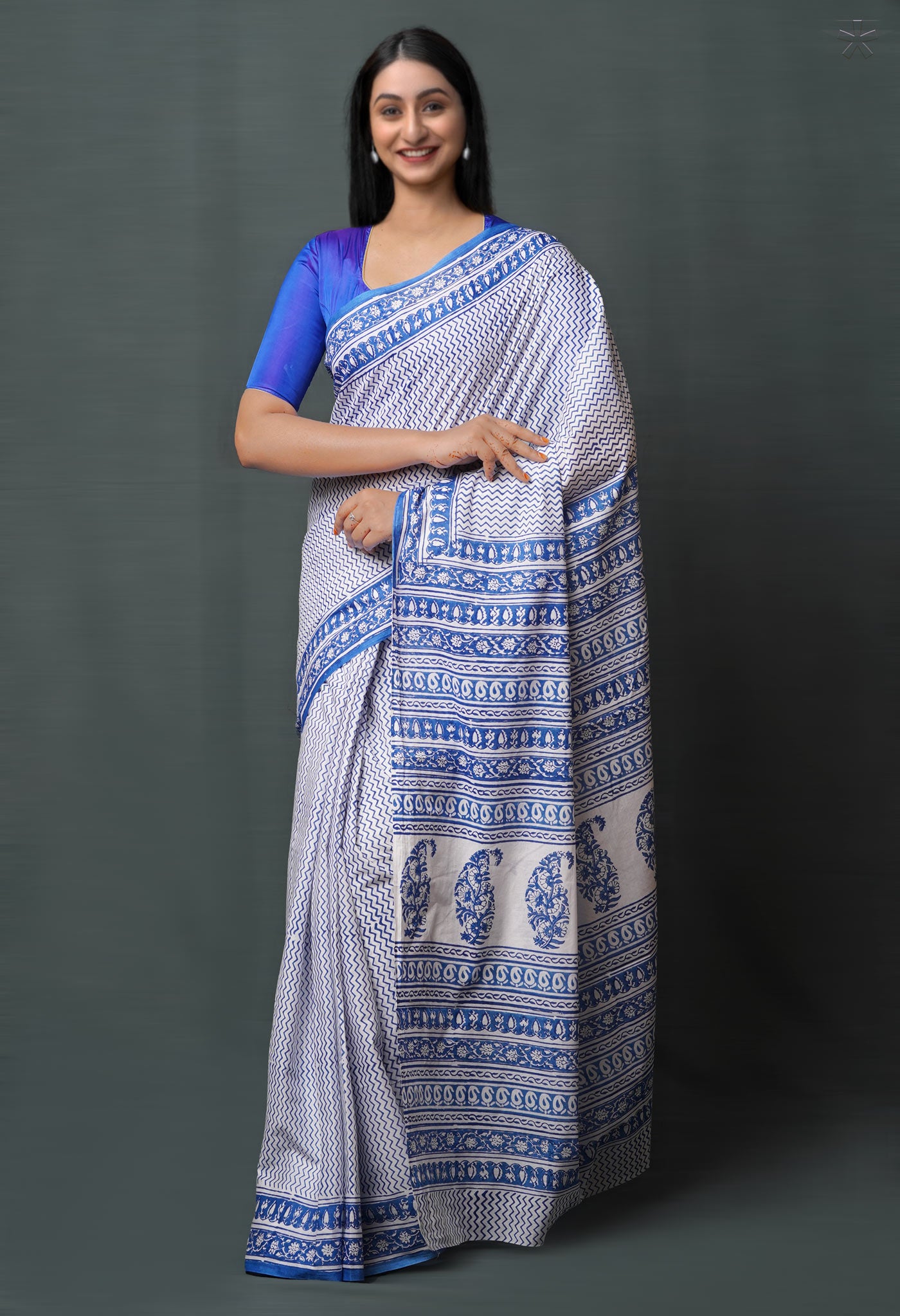 White-Blue Pure  Block Printed Superfine Mulmul  Cotton Saree-UNM72611