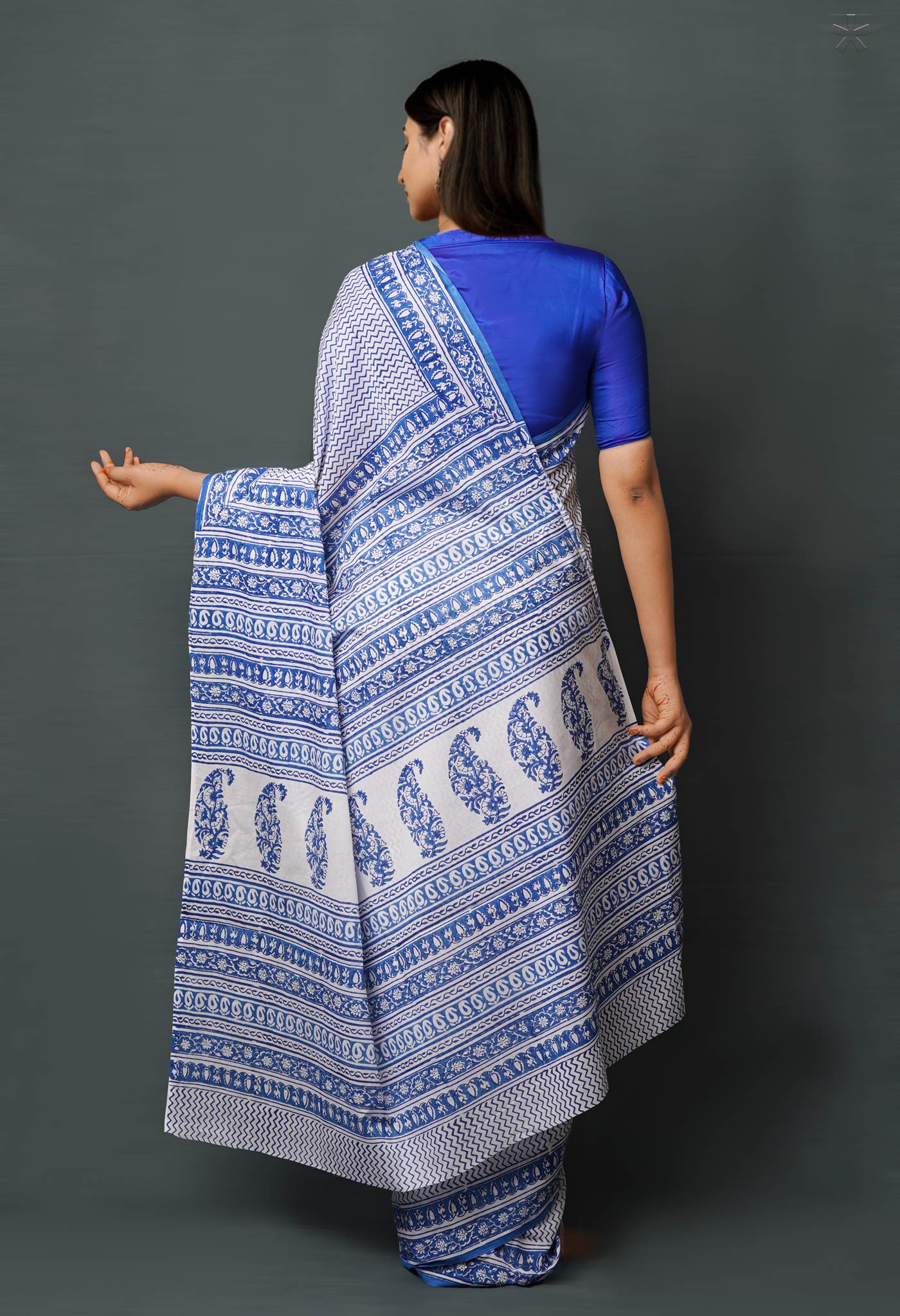 White-Blue Pure  Block Printed Superfine Mulmul  Cotton Saree-UNM72611