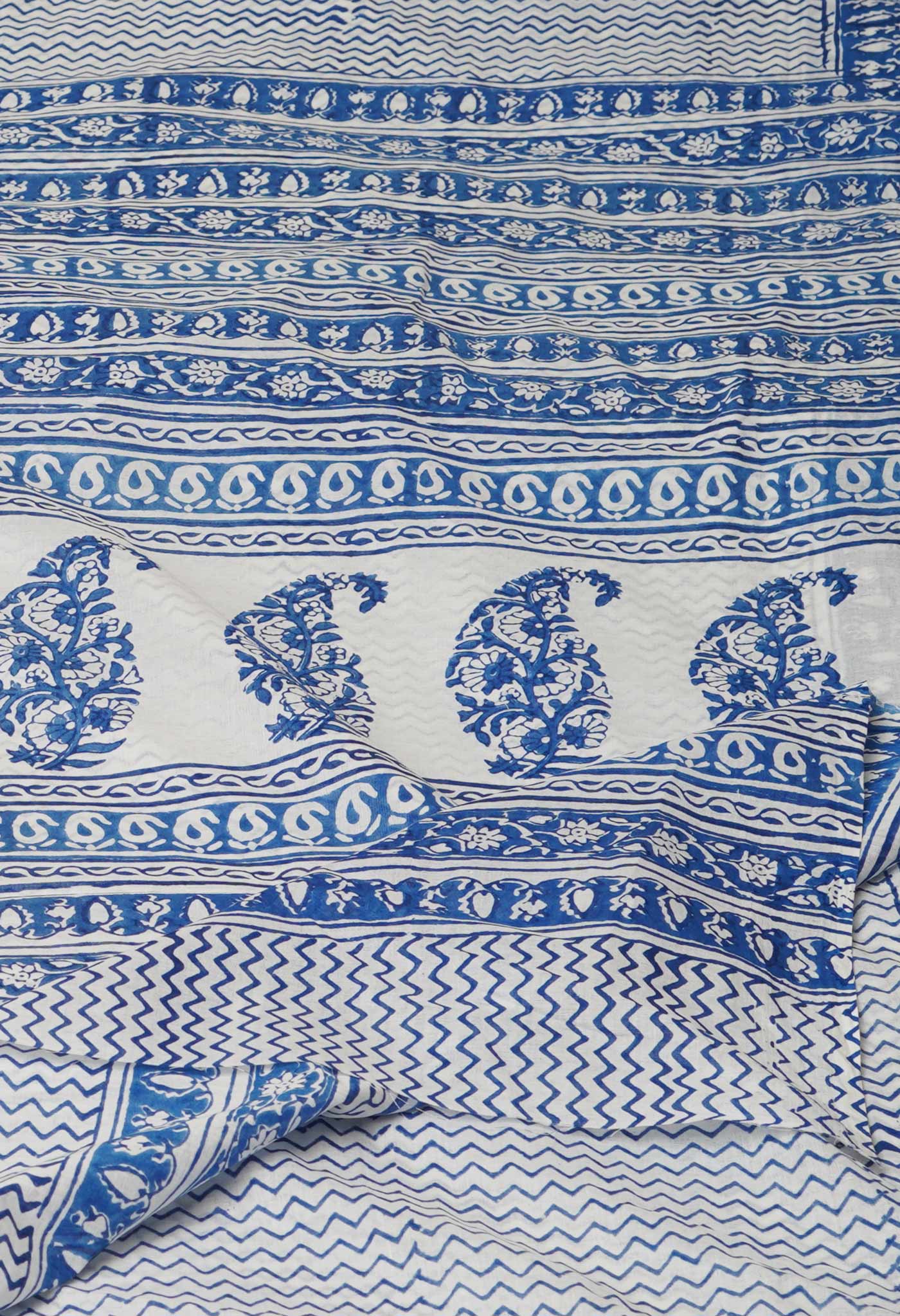 White-Blue Pure  Block Printed Superfine Mulmul  Cotton Saree-UNM72611