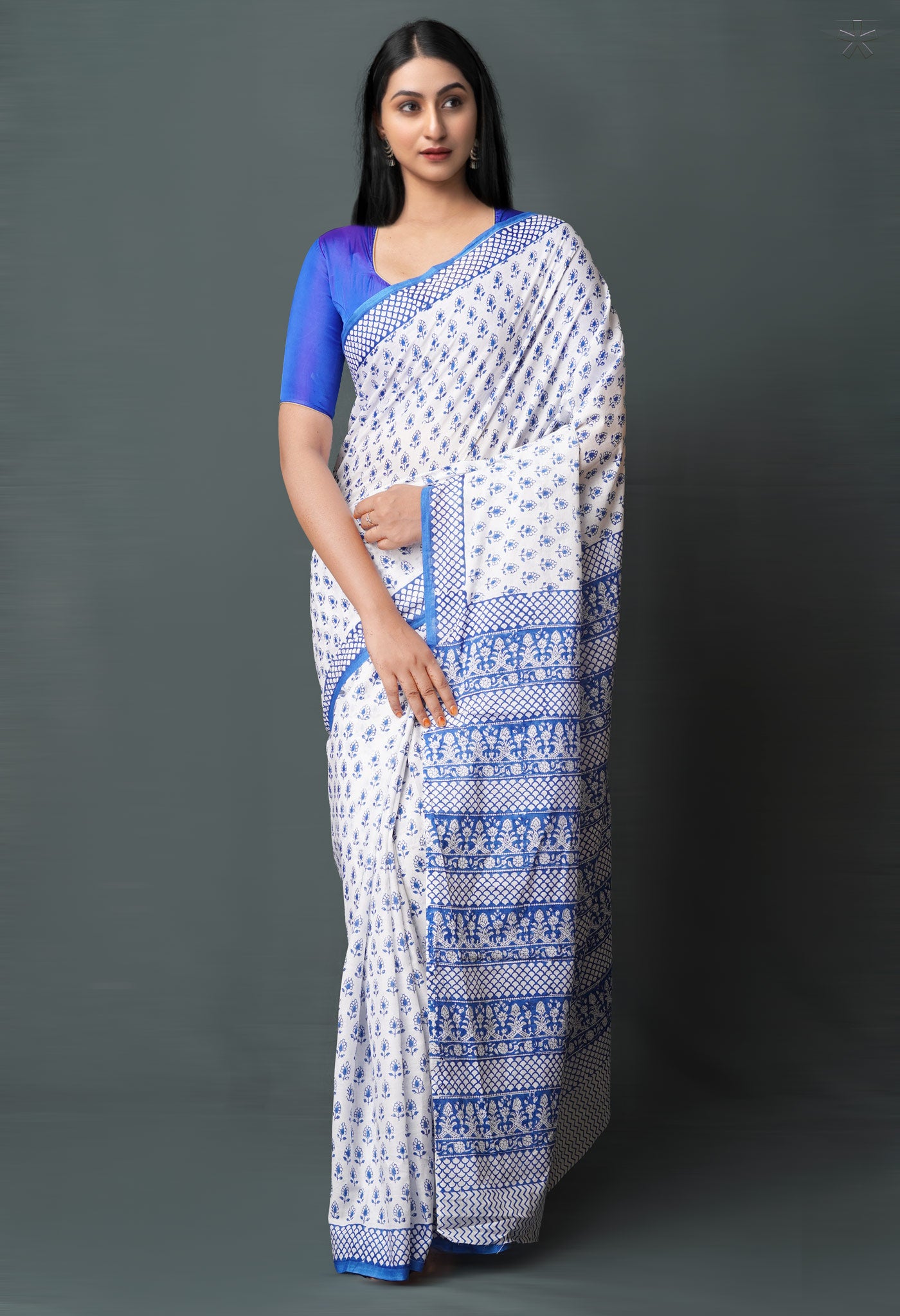 White-Blue Pure  Block Printed Superfine Mulmul  Cotton Saree-UNM72614