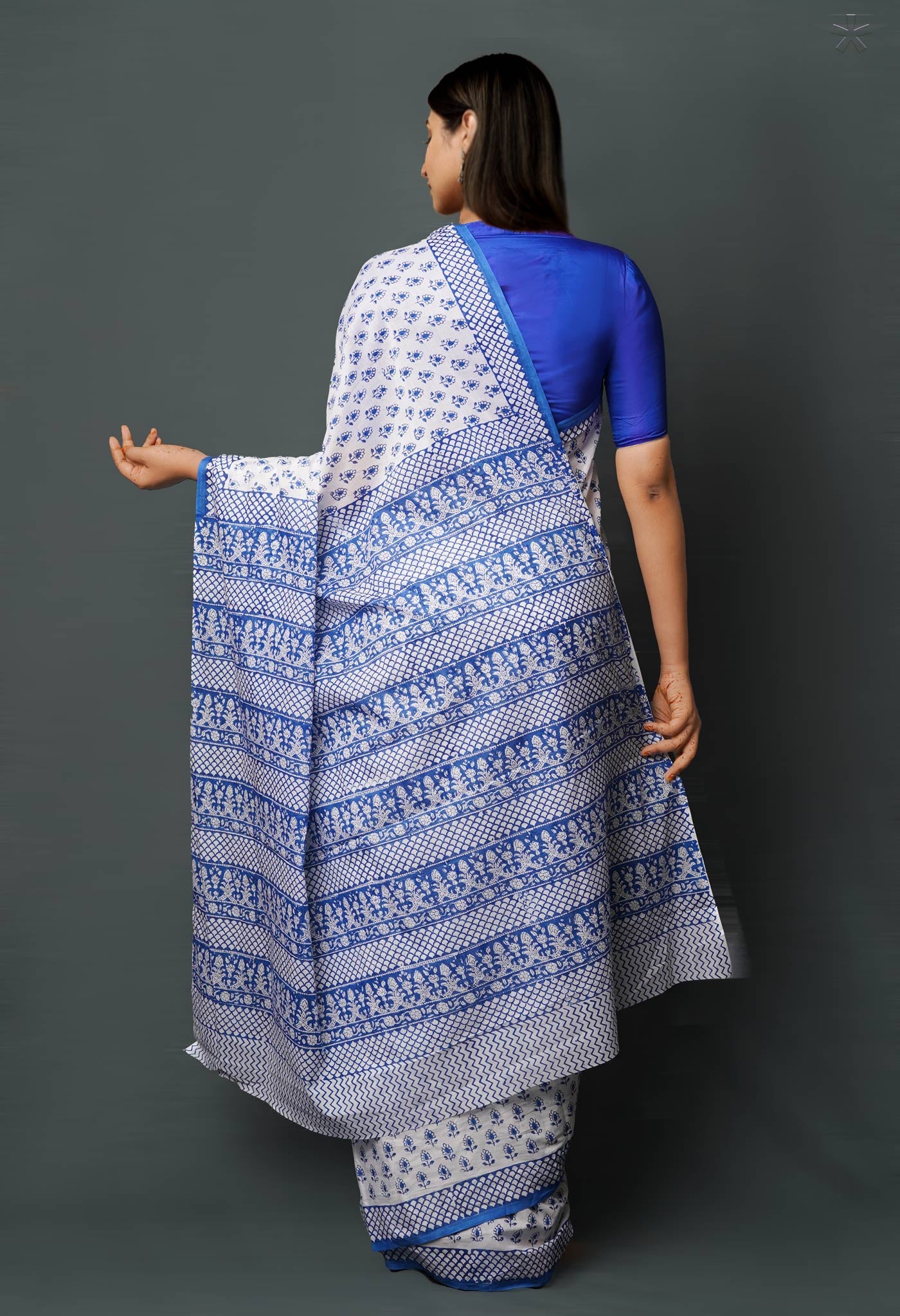 White-Blue Pure  Block Printed Superfine Mulmul  Cotton Saree-UNM72614