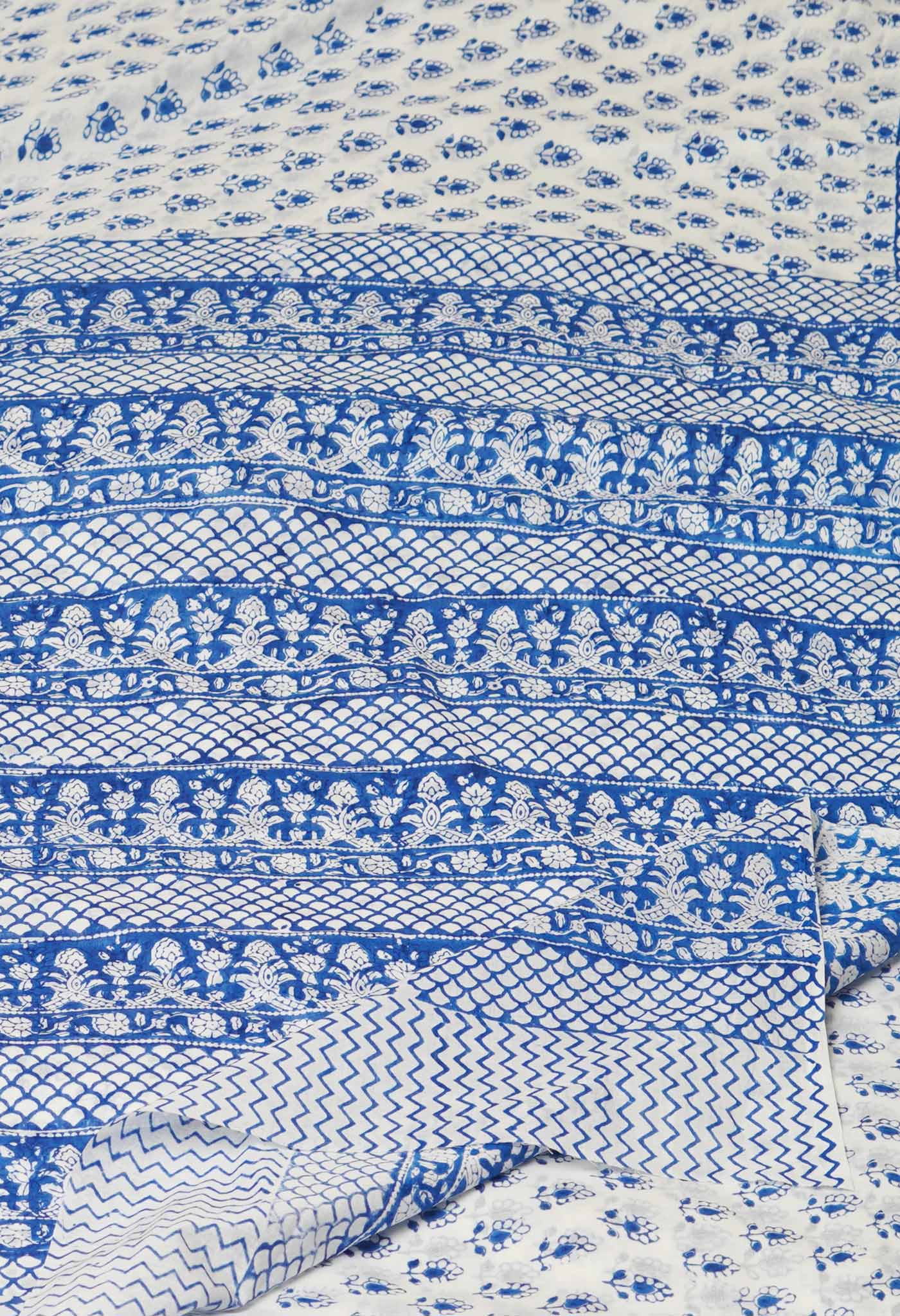 White-Blue Pure  Block Printed Superfine Mulmul  Cotton Saree-UNM72614