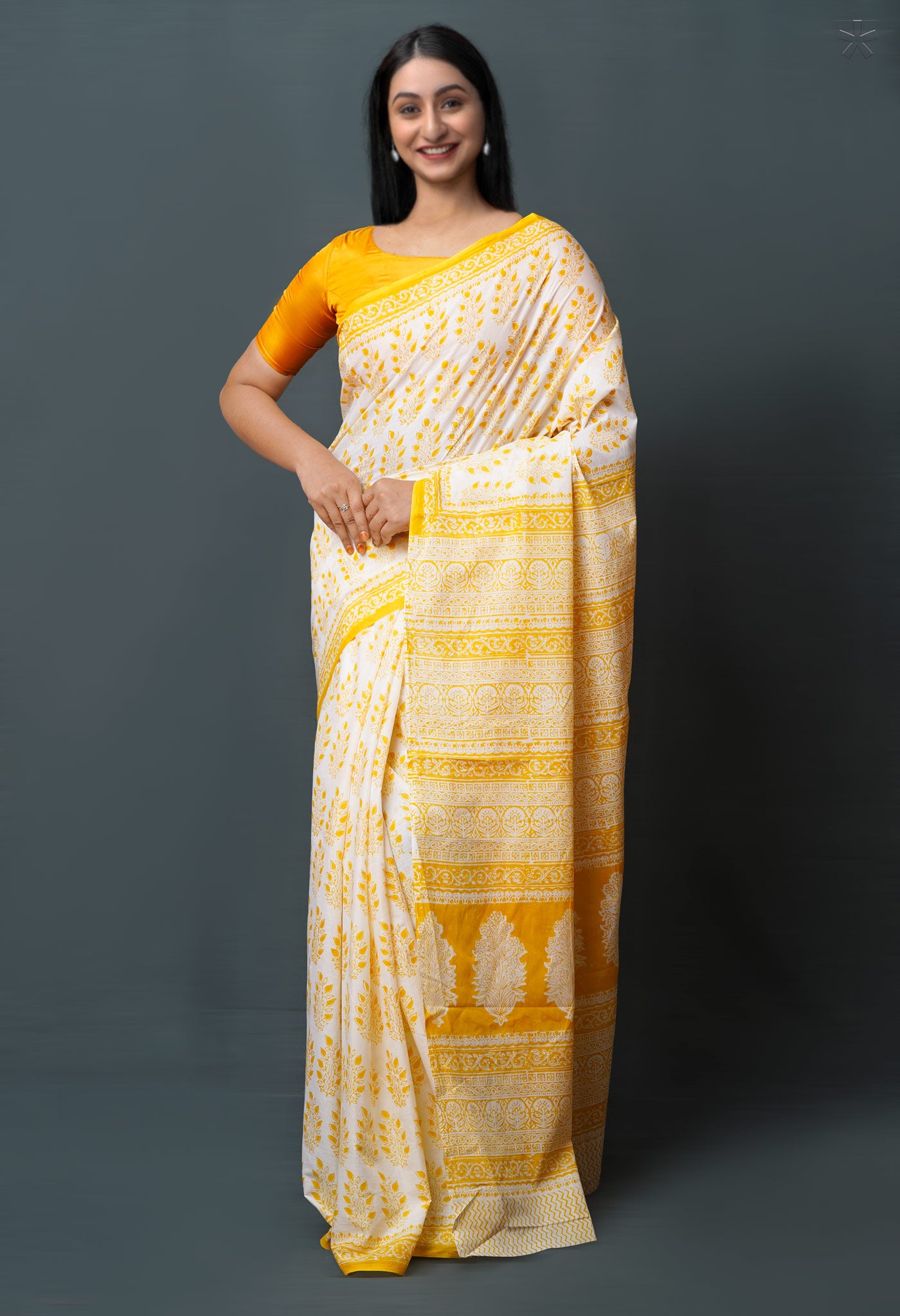 White-Yellow Pure  Block Printed Superfine Mulmul  Cotton Saree-UNM72615