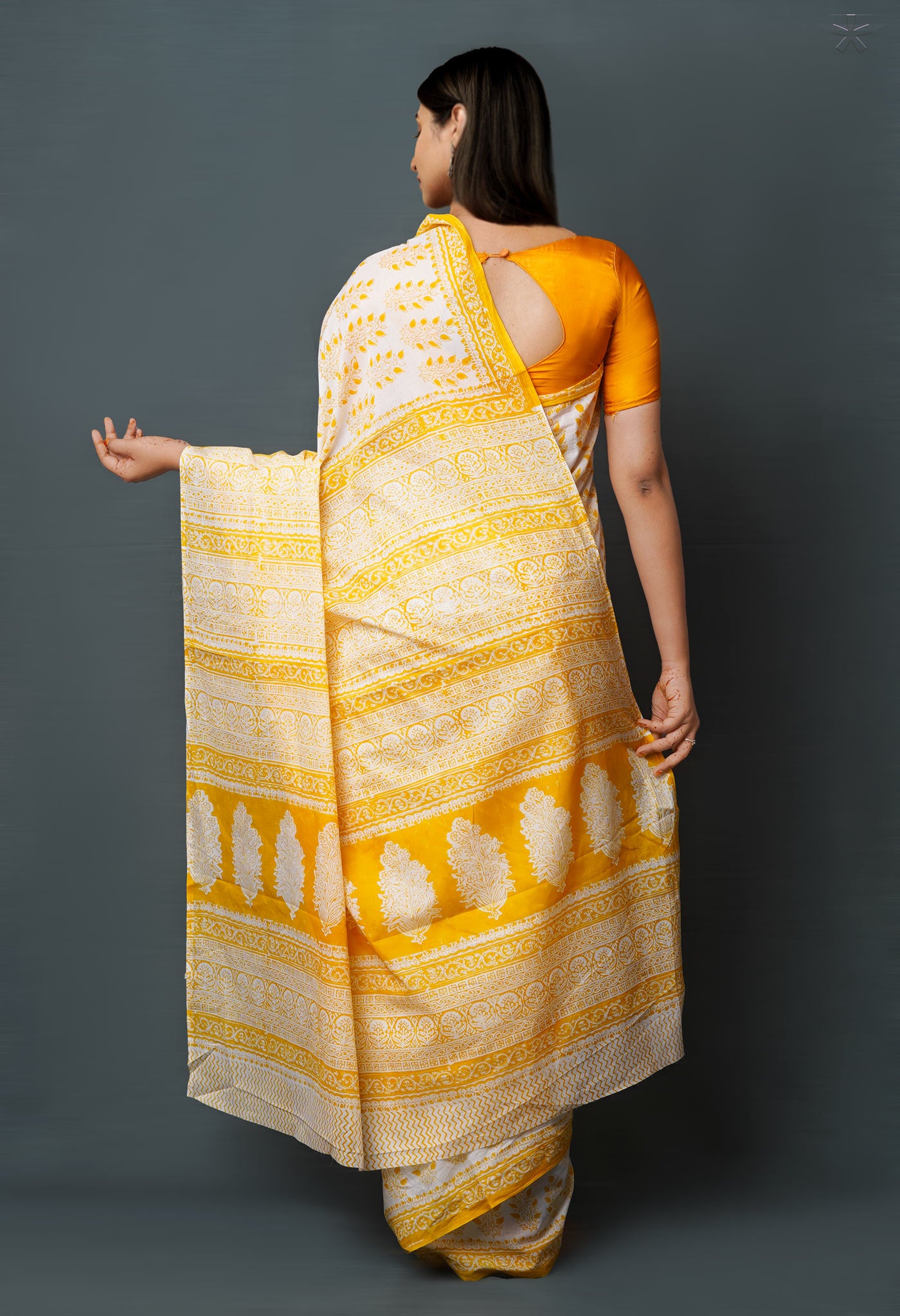 White-Yellow Pure  Block Printed Superfine Mulmul  Cotton Saree-UNM72615