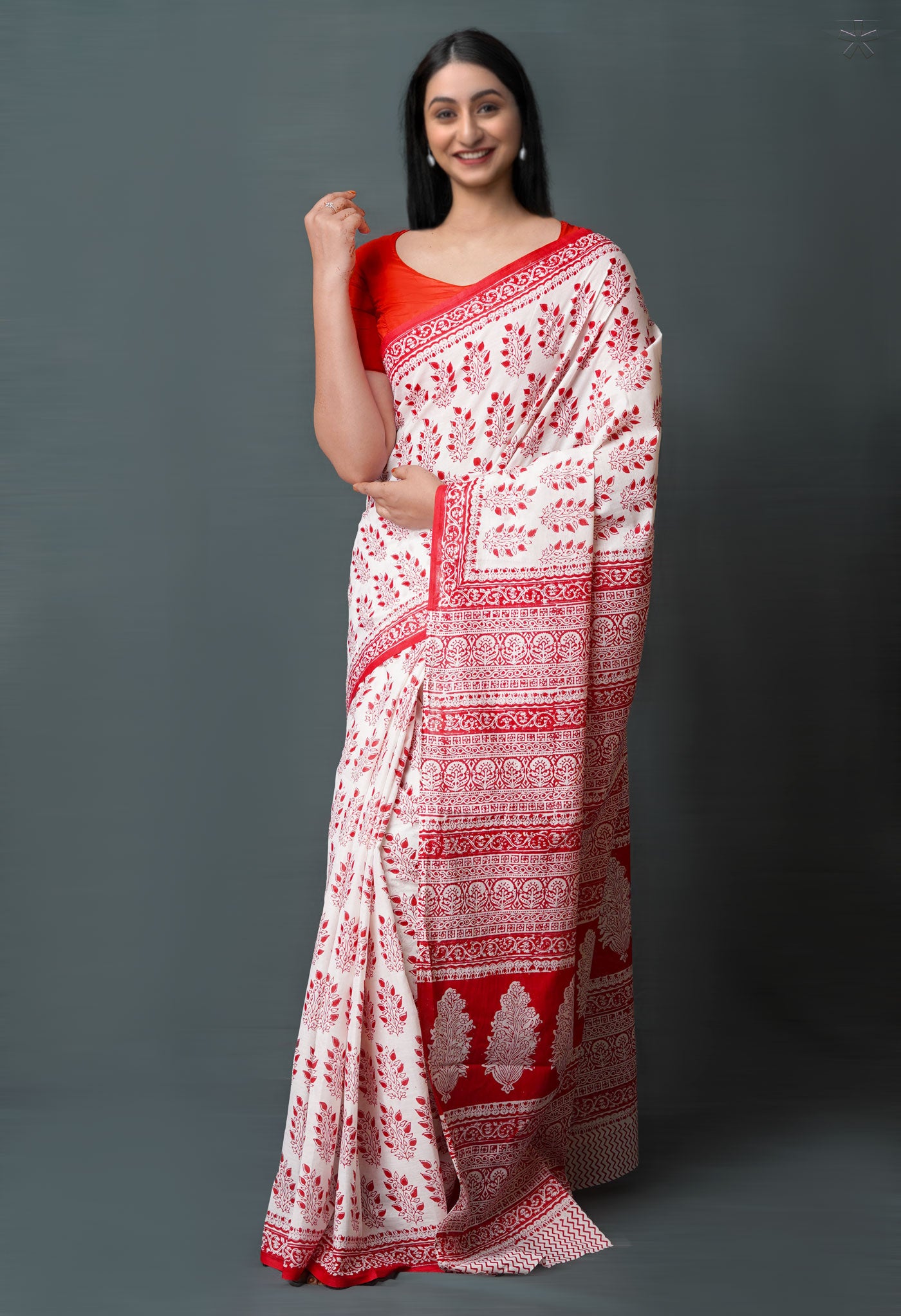 White-Red Pure  Block Printed Superfine Mulmul  Cotton Saree-UNM72616