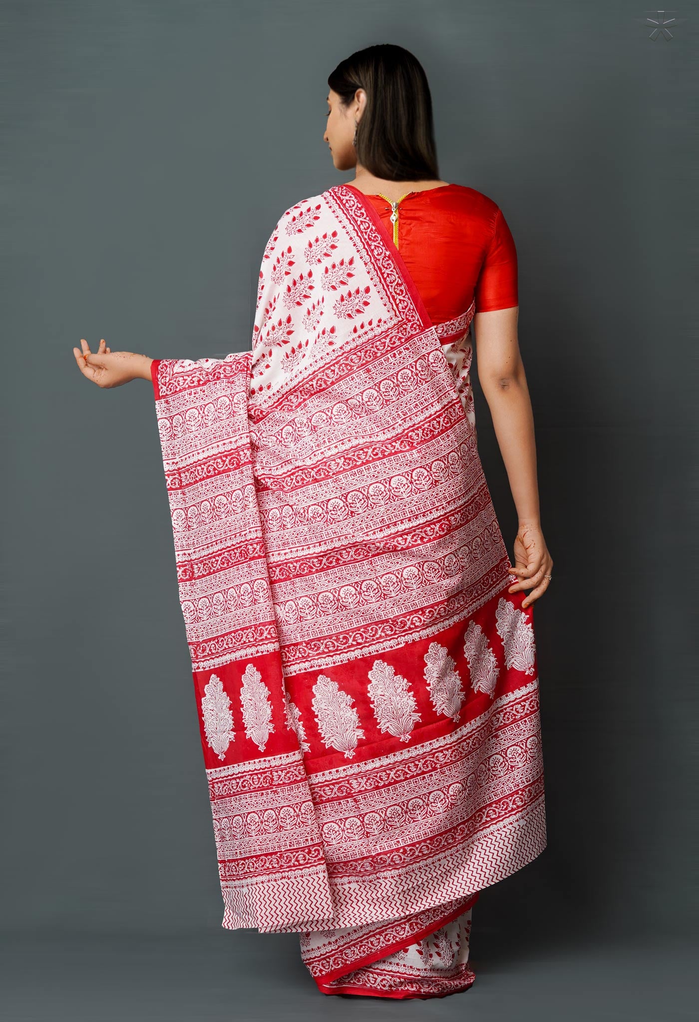 White-Red Pure  Block Printed Superfine Mulmul  Cotton Saree-UNM72616