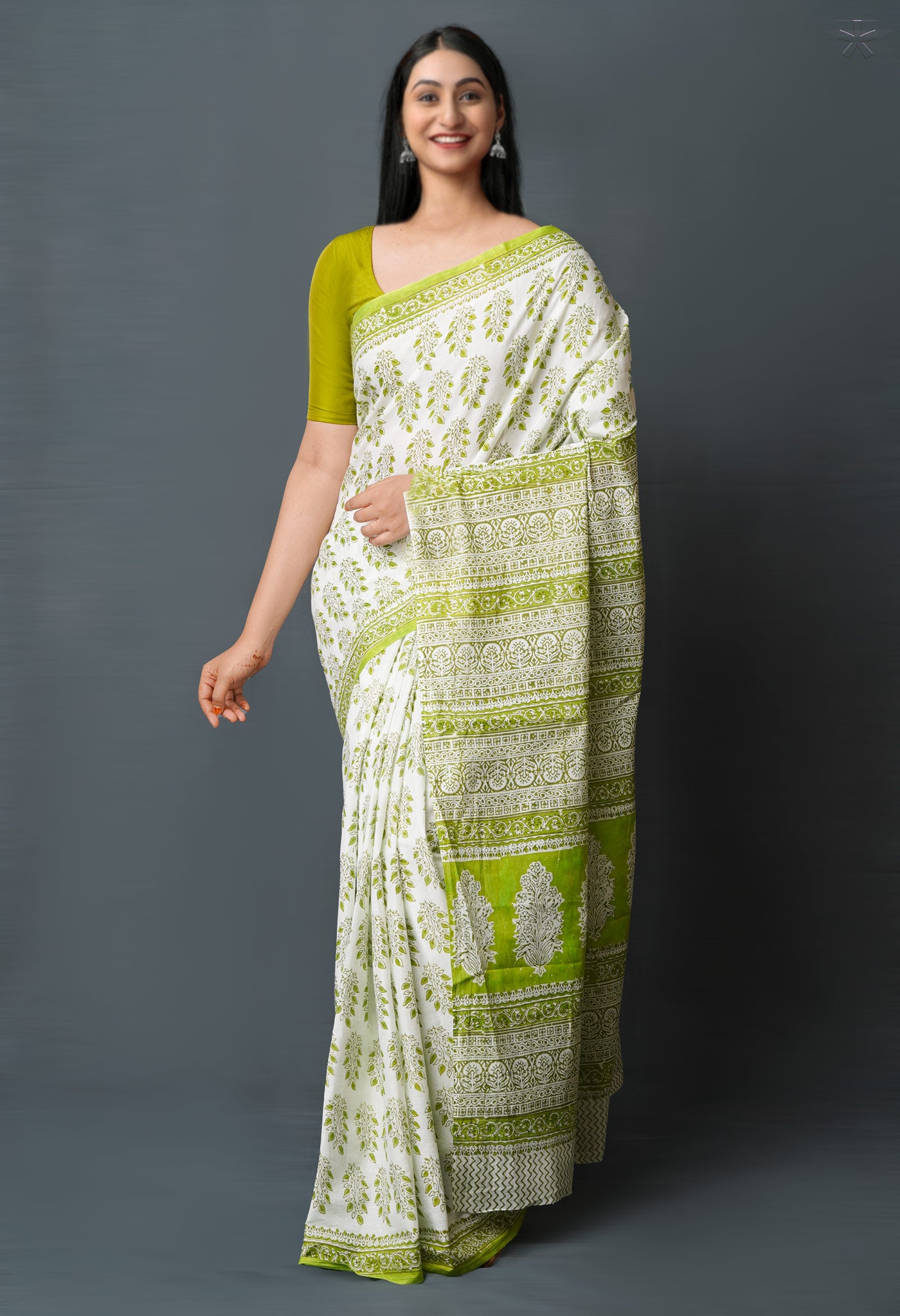 White-Green Pure  Block Printed Superfine Mulmul  Cotton Saree-UNM72617